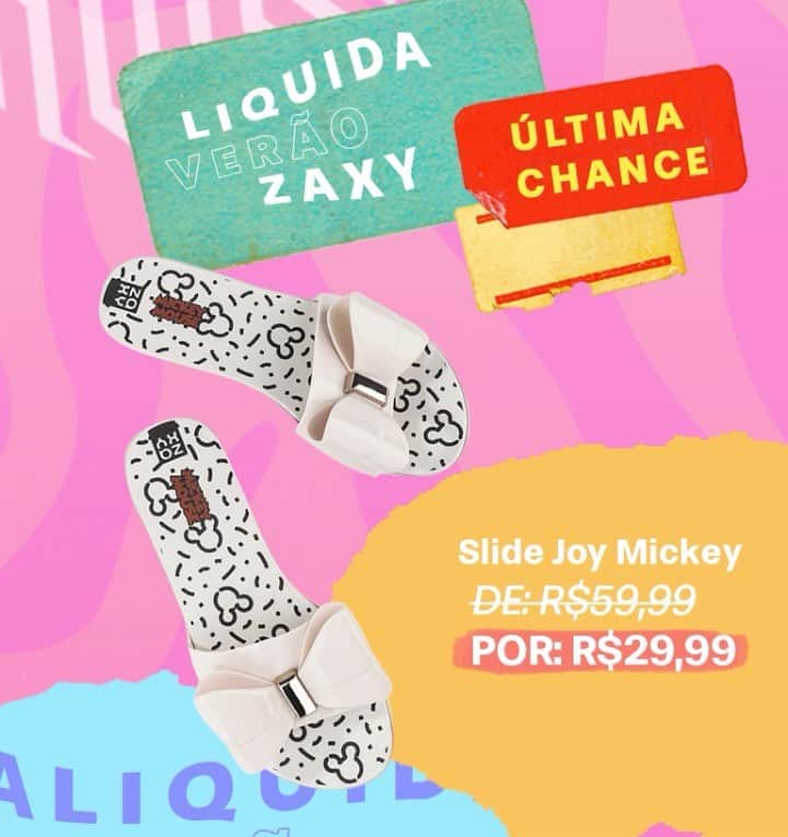 ザクシーのインスタグラム：「Alô, alô, temos fãs de Mickey aqui? A #ZaxyJoyMickeySlide tá com 50% de desconto* na nossa loja online! Pra criar um lookinho mais divertido, bora garantir um modelinho desses? Comenta aqui a sua cor favorita!  #ZaxyJoyMickeySlide - de R$59,99 por R$29,99  *Promoção válida em lista selecionada entre os dias 06/01/2021 e 31/01/2021 ou enquanto durarem os estoques.  Compre agora mesmo pelas tags no post, pelo link na bio ou na nossa loja online www.zaxy.com.br  #pracegover #pratodosverem: Na foto, sob um fundo colorido com colagens, temos as cores da slide Zaxy Joy Mickey, um modelo que possui uma tira frontal com um laço grande e a estampa do Mickey na sola.」