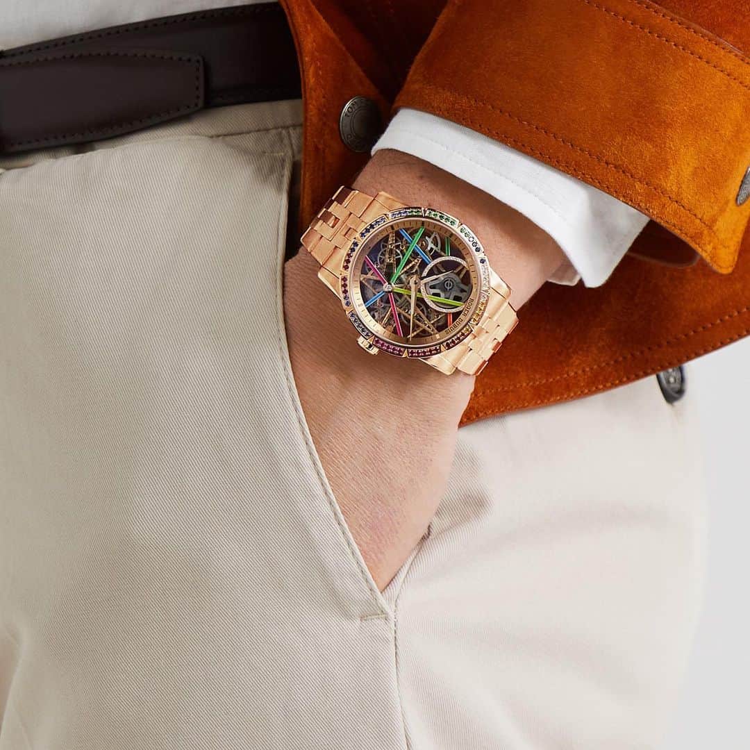 MR PORTERのインスタグラム：「What you wear might not be the answer to every one of life’s problems, but it can definitely lift your mood. So the same must be true of watches: our Watch Editor has picked out three exuberant models to inject some joy into your daily timekeeping. Front and centre is the @roger_dubuis Excalibur Blacklight, a watch that combines a solid gold case, rainbow gem-set bezel, skeletonised construction and luminous sapphire tubes – so if all else fails it will quite literally light up your day. Hit the link in our bio to read more.  Shop the story: Roger Dubuis - Excalibur Blacklight Limited Edition Automatic Skeleton 42mm 18-Karat Pink Gold and Multi-Stone Watch, Ref. No. RDDBEX0861   Follow @mrporterwatches for the latest news, expert insights and luxury watches offered at MR PORTER.  #MRPORTERwatches」