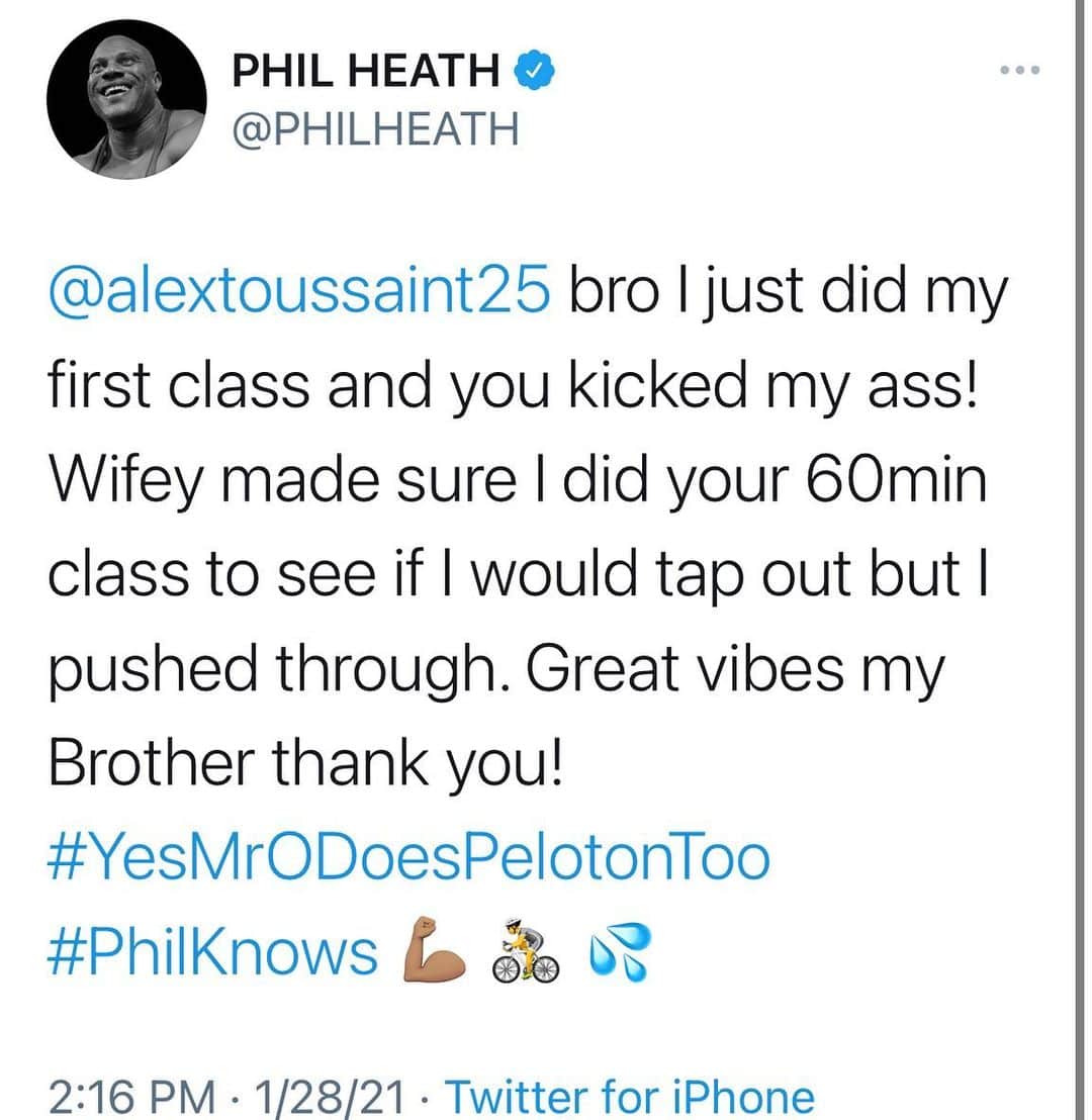 Phil Heathのインスタグラム：「So couple years back my friend @cbanks66 says "Hey, Peloton is doing a massive sale, so figured you and @shuriecremona could take advantage of it." I'm like "sheeeeeit ok, Shurie can use it, I'm good doin the stepmill and incline treadmill haha. Shurie would kill it almost daily, sometimes two to three rides in one day which I found amazing.   I knew eventually my big ass would have to finally get on this and ride out, so today I put on those clip-cycling shoes, grabbed my padded seat because I ain't having mass ass and other parts get destroyed on the normal seat, select a ride and get after it.   The funny part is how Shurie decided to be sneaky and have me do a 60min ride with @alextoussaint25 who is a beast! I cannot lie, I was mixed with feelings of the unknowing, pride, ego. What made this ride special was that although I was able to see my progress along with others, it was the vibe, the energy and peace which Alex brought to the class.   It made me laugh, made me challenge myself and once I got through it, I knew I had felt something familiar and different. All I can say is I'm glad Shurie challenged me because she could've have easily had me do a 20 or 30min ride but she believed in my abilities.   I am honestly hooked and will continue to challenge myself on these rides, adding it to my weekly workout regiment.   Tips for Alex's class. Keep an open mind, release any apprehension and just feel the freedom of having a workout experience that is all about YOU just like the weight room really!   Enjoy your day, as I'm about to ice and recover with some @compexusa.   Love to Everyone!!!   #PhilHeath #7xMrOlympia  #PhilKnows #Peloton #PictureMeRollin 💦🚴💦💪🏽」