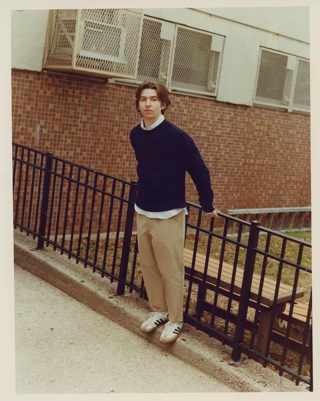 スティーブンアランのインスタグラム：「Photographer and musician @cobeyarner wears the Danver Pant, Carlisle Sweater, and single needle shirt in his neighborhood in Brooklyn.  Photography by @chandlerbondurant」