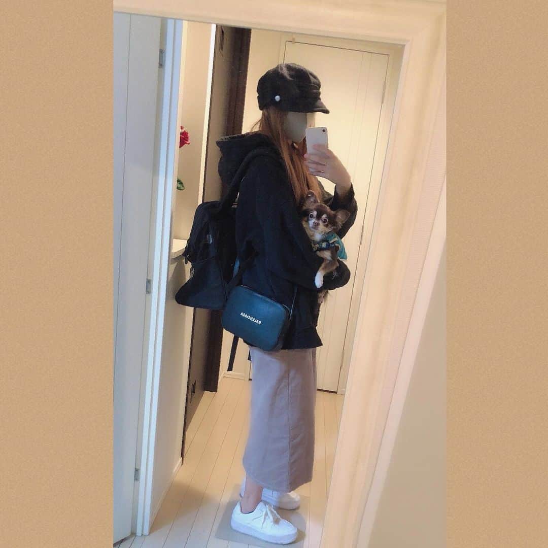 のインスタグラム：「お散歩コーデ╰( Ｕ ・ᴥ・)m まろさん爪切ってもらいに行ってきた🌟  . この犬用リュック、maroさんの名前入り🌼 もうずーっと使ってる🥰便利🧡☺️ うーばーいーつ感w  . #まろさん#チワワ#犬#dog #code#ootd#犬用鞄#犬用リュック」