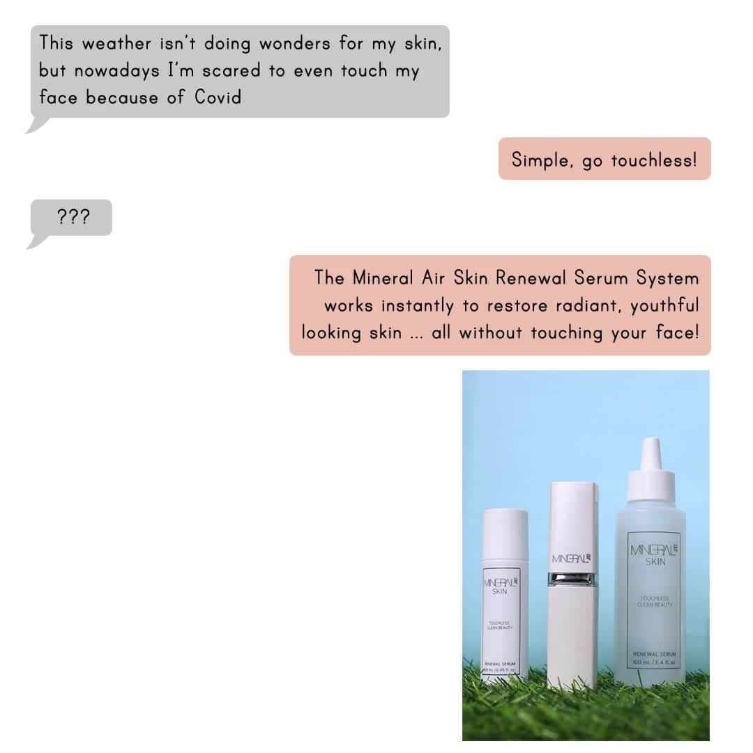 Mineral Airのインスタグラム：「These texts might be made up, but the #GlowingSkin you get after applying our ElixerMist is the real honest truth. #TouchlessBeauty is definitely the way to go in these trying times.」