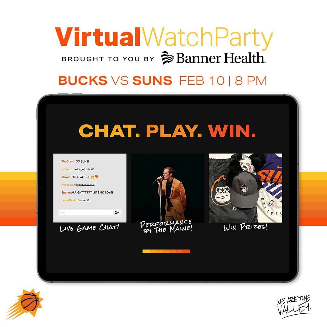 フェニックス・サンズさんのインスタグラム写真 - (フェニックス・サンズInstagram)「RSVP now to secure your spot for the Bucks vs. Suns Virtual Watch Party, brought to you by @banner_health.  Join in on the live game chat, enjoy a performance by @themaineband, win prizes, and more!  It's going down on 2/10! Mark your calendar 📅 and sign up at the link in our bio!」1月29日 10時13分 - suns