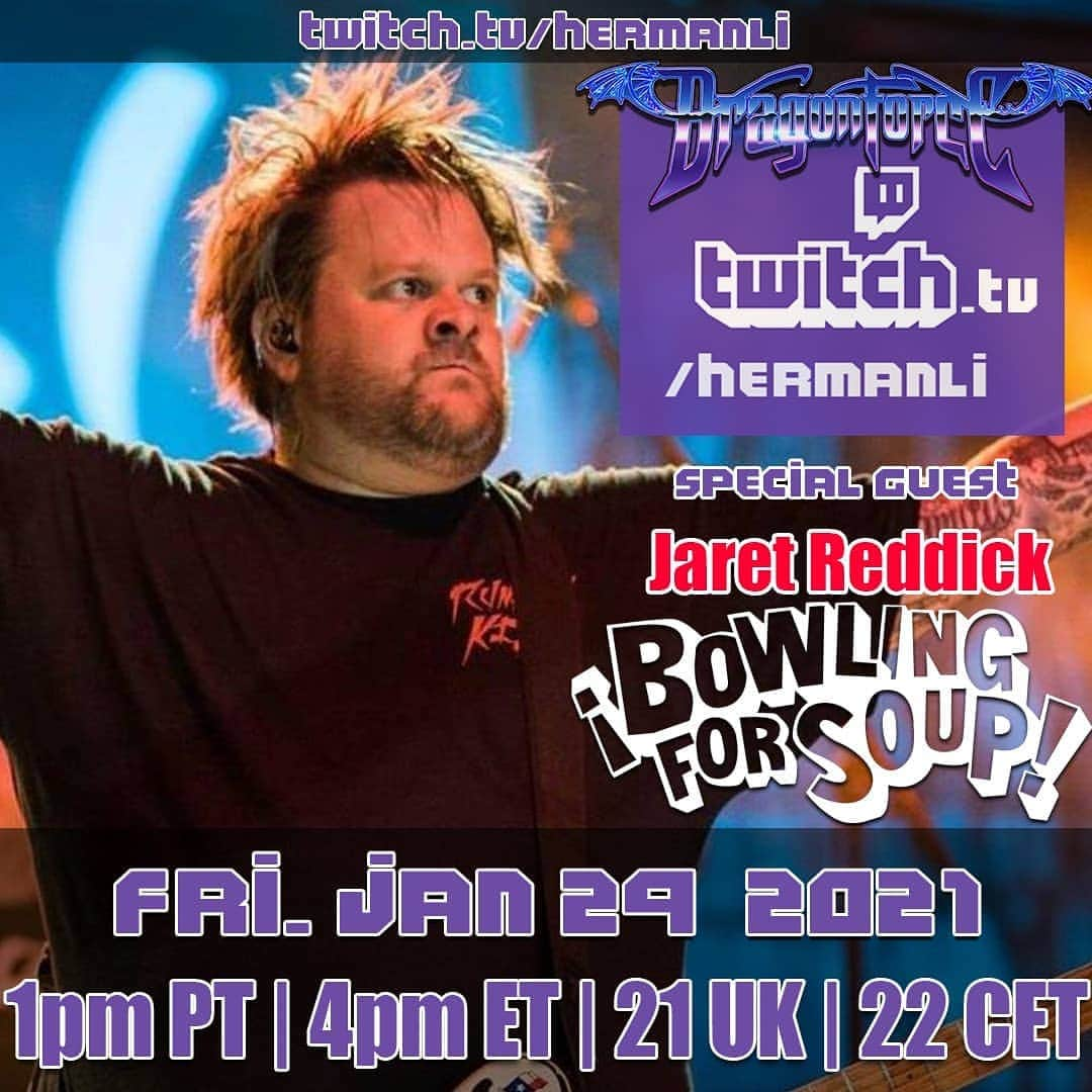 ハーマン・リさんのインスタグラム写真 - (ハーマン・リInstagram)「DragonForce vs Bowling for Soup in pop punk battle! It's happening on @twitch with @jaret2113 @bfs_official. Friday 1pm PT / 4pm ET / 9pm UK! Will the Twitch frontpage be able to handle this? #hermanli #dragonforce #bowlingforsoup #jaretreddick #samtotman」1月29日 10時33分 - hermanli