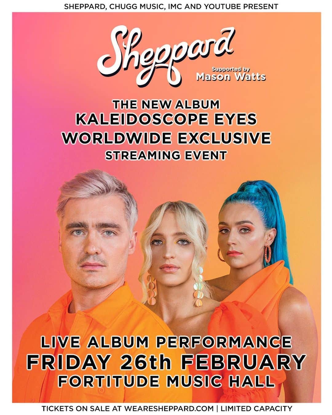 シェパードのインスタグラム：「Today is a GOOD news day! We're beyond excited to announce that we're doing a very special one-off concert here in Brisbane to celebrate the launch of Kaleidoscope Eyes on the 26th of Feb. 1,000 lucky people will be able to attend in person at The Fortitude Music Hall to watch us play through the new album from start to finish (plus some old favourites😉). The show will also be a livestreamed event on YouTube - so no matter where you are on planet Earth, you won't have to miss it! Tickets to the live event go on sale Wednesday the 3rd of Feb at MIDDAY, so be ready to grab your tickets so you don't miss out! We’re very excited to announce that we have a limited supply of family tickets (for families of 4x) which are at a special price but won’t last long. We honestly can't wait for this... Bring on the 26th of Feb! 🙂」