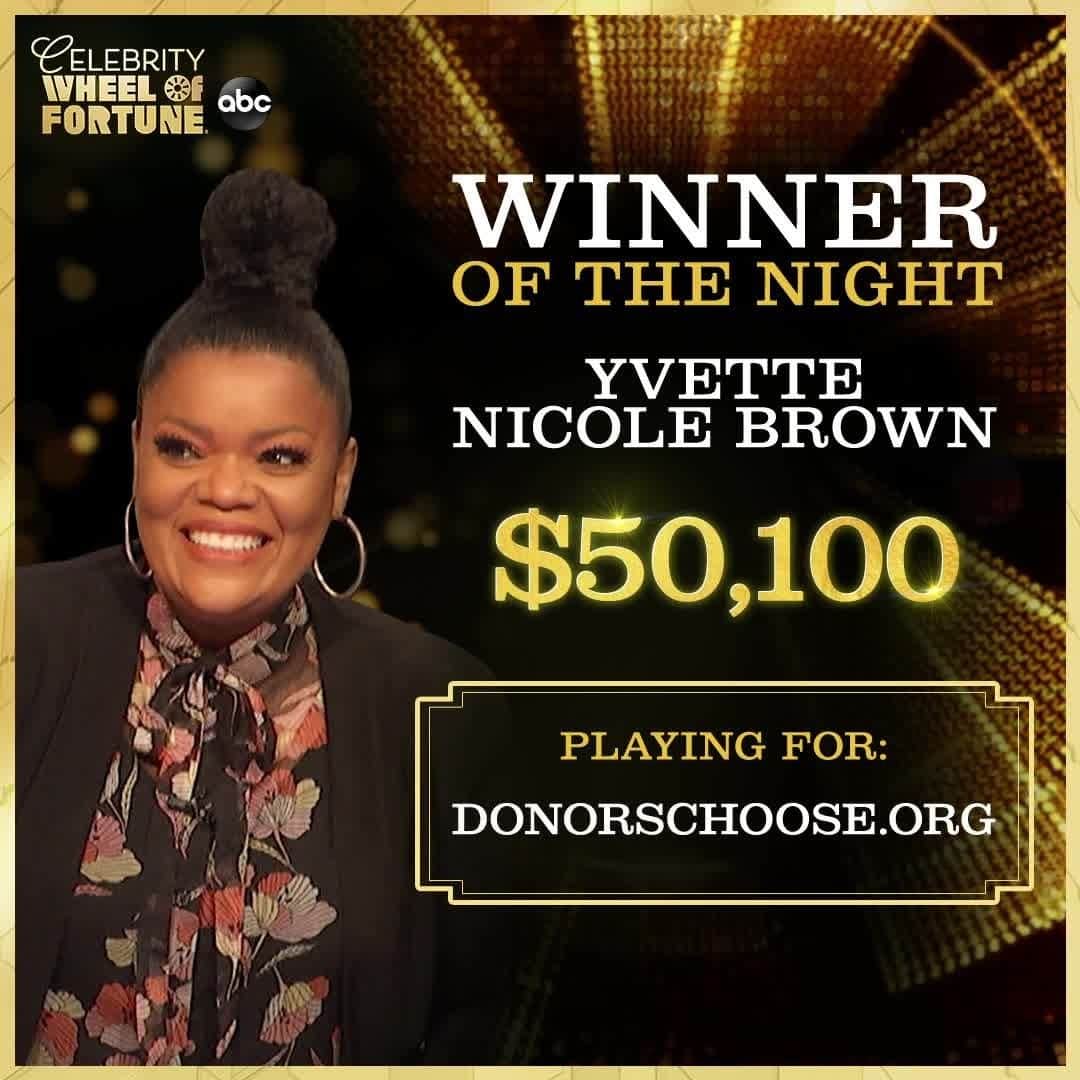アメリカン・ブロードキャスティング・カンパニーのインスタグラム：「It was an outstanding night for @yvettenicolebrown, winning for her charity, @donorschoose! #CelebrityWheelOfFortune」