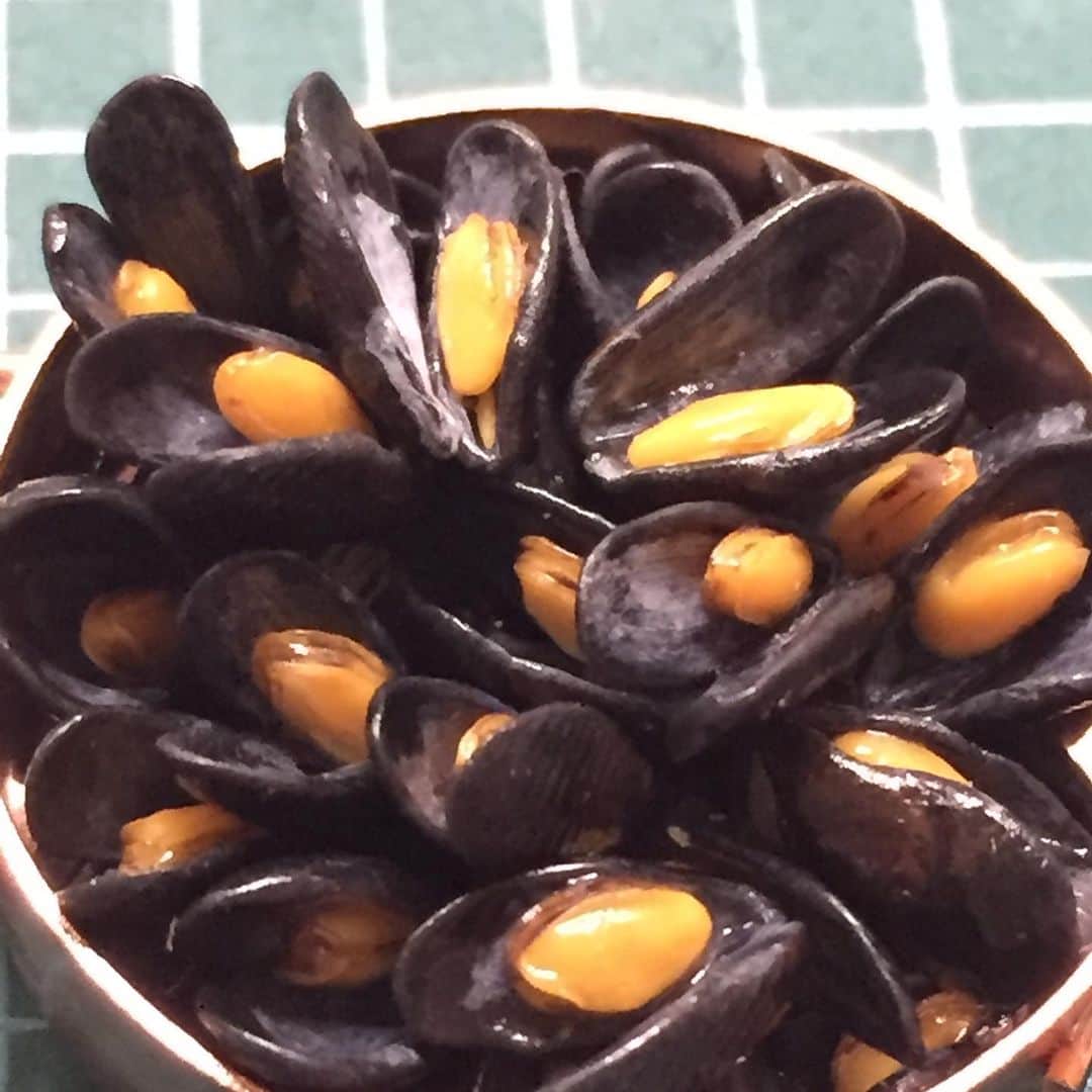 萩谷幹さんのインスタグラム写真 - (萩谷幹Instagram)「黒い殻を作ってる時に、 ふと気づくと、 得体の知れない虫に見えた事を ふと思い出す。  #ムール貝 #moule #cozza #mussel #miniature  #miniaturefood  #Polymer Clay #樹脂粘土」1月29日 14時54分 - kinkan3