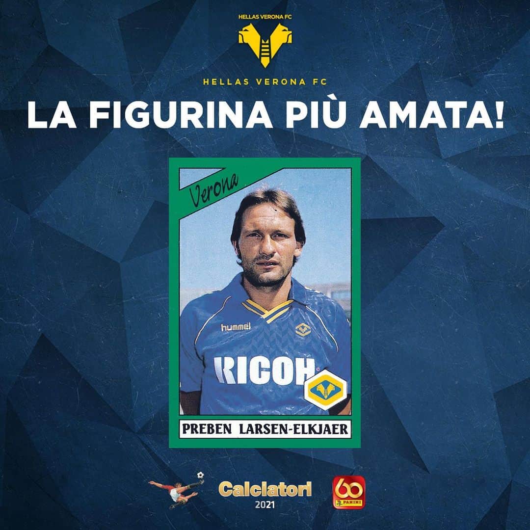 エラス・ヴェローナFCのインスタグラム：「Un campionato italiano. Capocannoniere del Verona nelle competizioni UEFA. Due podi al Pallone D’Oro.  Non poteva che essere Preben la figurina più amata: 3️⃣3️⃣ anni dopo, grazie ai vostri voti su Facebook e Instagram, il Sindaco tornerà sull’album @figurinepanini 😍  #DaiVerona #Elkjaer」