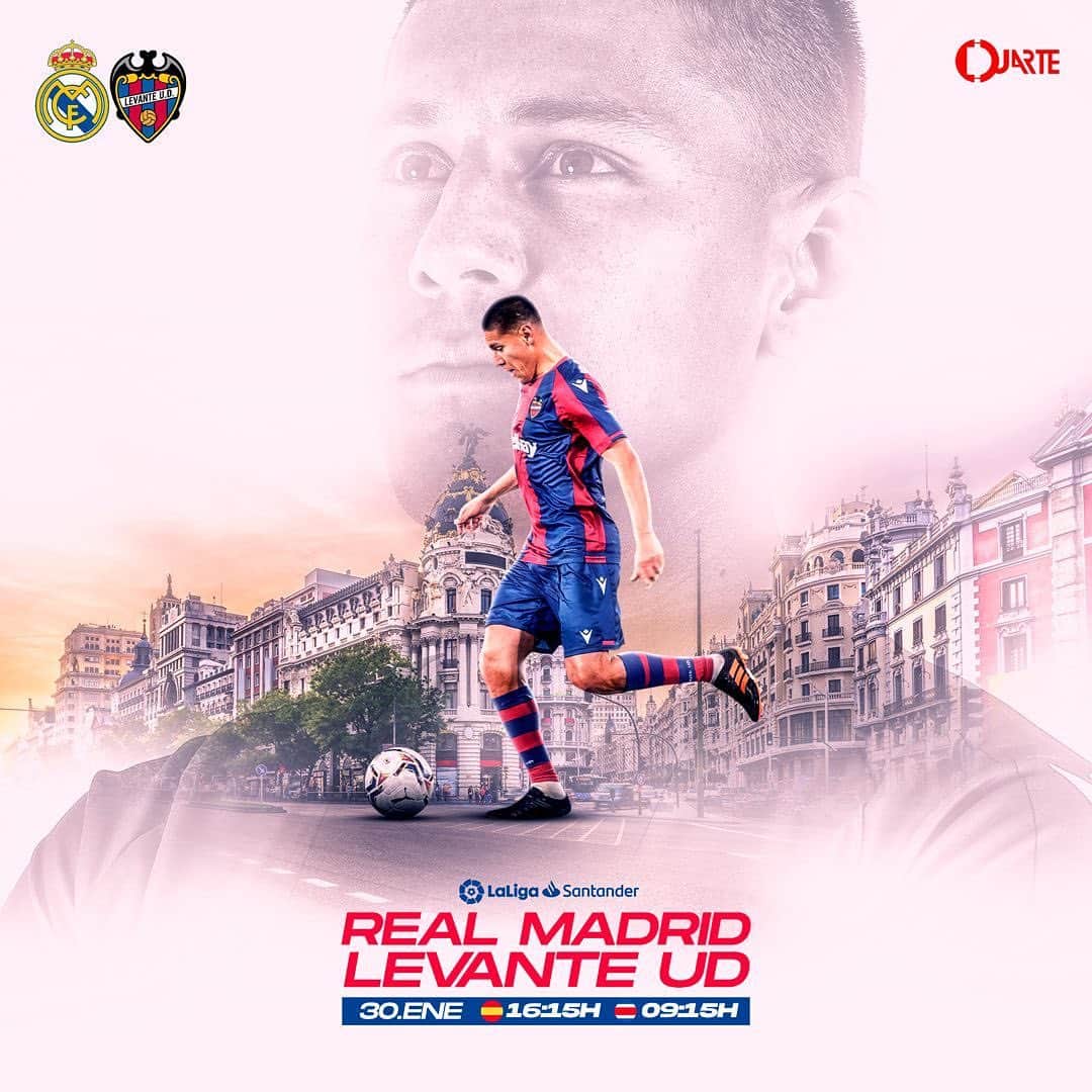オスカル・デュアルテのインスタグラム：「@levanteud  ¡Sábado día de partido! 🙌 #macholevante🔴🔵🐸 !   📍 Jornada 21 🏆 LaLiga Santander 🆚 @realmadrid  🏟 Alfredo Di Stefano  ⏰ 16:15:00h 🇪🇸 09:15 🇨🇷  📅 Sabado 30 De Enero --」