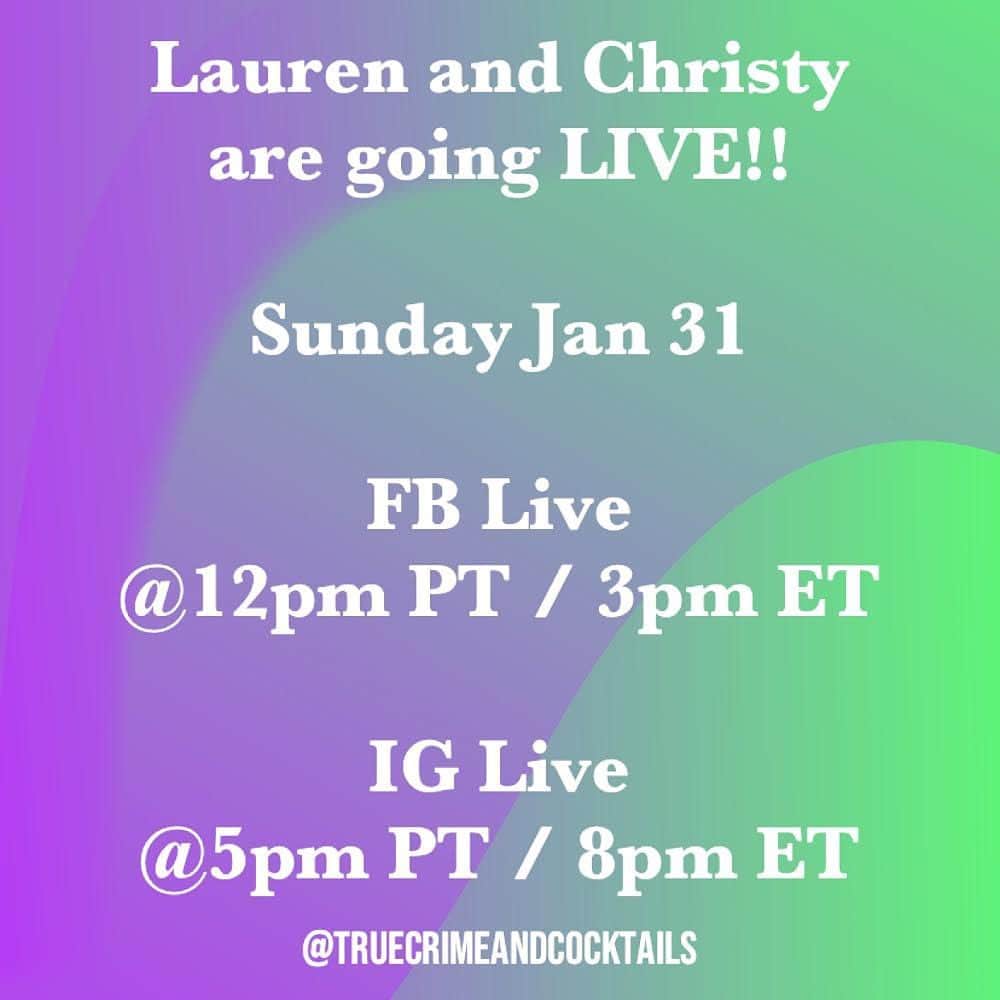 ローレン・アッシュのインスタグラム：「Hey @truecrimeandcocktails fans! @unsolvedchristy and I are going live TWICE this Sunday with some BIG NEWS! Who’s gonna join us??」