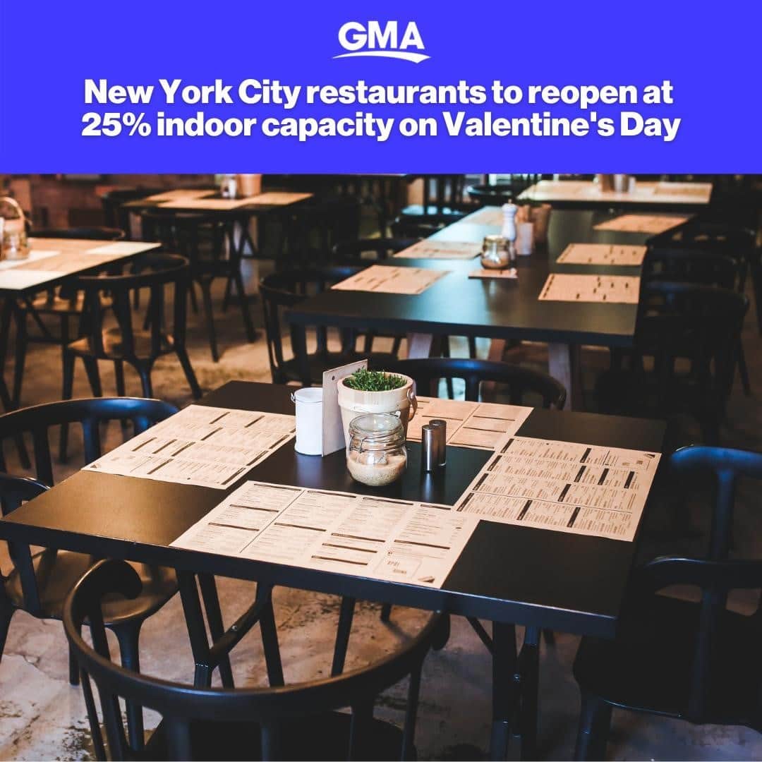 Good Morning Americaさんのインスタグラム写真 - (Good Morning AmericaInstagram)「JUST IN: Gov. Andrew Cuomo  announced in a press conference that restaurants in New York City "can reopen indoor dining at 25%" starting February 14. LINK IN BIO.」1月30日 3時02分 - goodmorningamerica