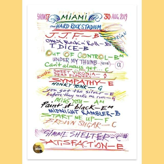 ロン・ウッドさんのインスタグラム写真 - (ロン・ウッドInstagram)「Due to popular demand: Ronnie’s Rolling Stones setlists from the North American leg of the #StonesNoFilter tour are now available! These stunning A2 lithographic prints have a gold stamp of authenticity and feature the setlists from every show on @TheRollingStones 2019 No Filter tour of the USA and Canada.  Find out more and see them all in Ronnie's store from the link in the bio.」1月29日 20時00分 - ronniewood