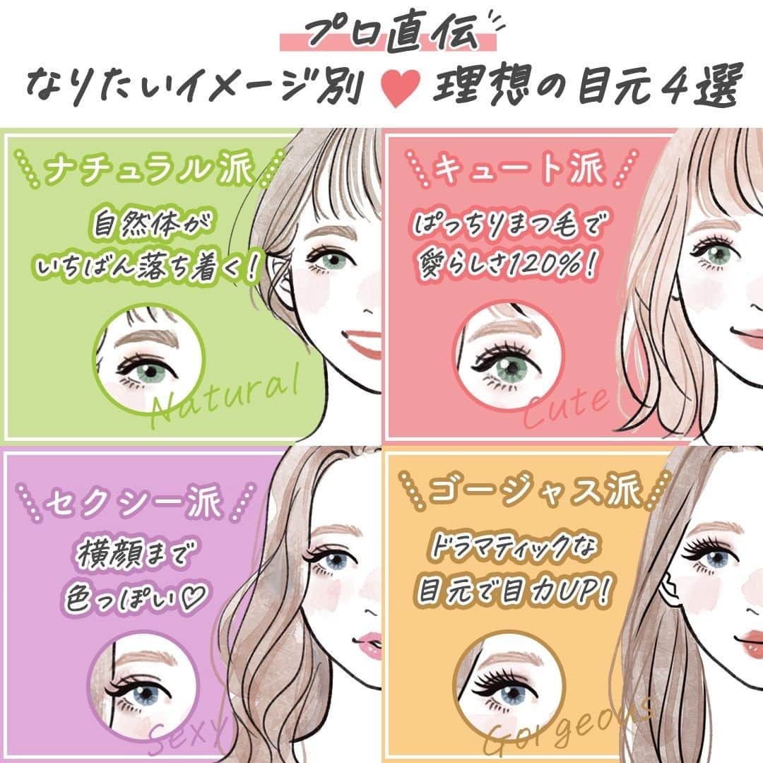 スカルプDのまつ毛美容液さんのインスタグラム写真 - (スカルプDのまつ毛美容液Instagram)「✨プロ直伝✨ ​﻿ なりたいイメージ別！理想の目元４選​﻿ ﻿ ​﻿  マスク生活で、 今まで以上に目元のメイクが重要になってきましたね！​﻿ そこで４つのなりたいイメージ別でメイクをご紹介します🌈♡​﻿ ﻿ 💟ナチュラル派​﻿ 💟キュート派​﻿ 💟セクシー派​﻿ 💟ゴージャス派​﻿ ﻿ ​﻿ まつエクやまつパでまつ毛の長さやカールを変えるのも一つですが、​﻿まつ毛美容液でケアしたキレイな自まつ毛を活かしてメイクで雰囲気を変えるのもオススメ😉💕 ​﻿ ﻿ ​﻿ 投稿を参考に、髪型やファッションに合わせ、メイクを楽しんでくださいね♪​﻿ ﻿ メイク監修：@_ayakokawai_​﻿ ﻿ #スカルプD #スカルプDまつ毛美容液 #スカルプDまつげ美容液 #スカルプDまつ毛美容液プレミアム #ピュアフリーアイラッシュセラム ​#メイクプロセス#色っぽメイク #アイメイクプロセス #メイクイラスト #アイメイク #自まつげメイク​ #メイクテク #メイクの仕方 #ナチュラルアイメイク #自まつ毛 #自まつげ ​#垢抜けメイク #メイク好きな人と繋がりたい #まつ毛美容液 #マスク美人​ #目元美容液​ #ナチュラルまつげ #まつ毛ケア #自まつ毛メイク #美まつ毛 #まつ毛メイク​﻿ ﻿ ​﻿ ﻿ みなさんは何派ですか😆？​﻿ ぜひコメントで教えてくださいね♡​﻿ ⬇ ​﻿ ﻿」1月29日 20時00分 - scalpd_eye