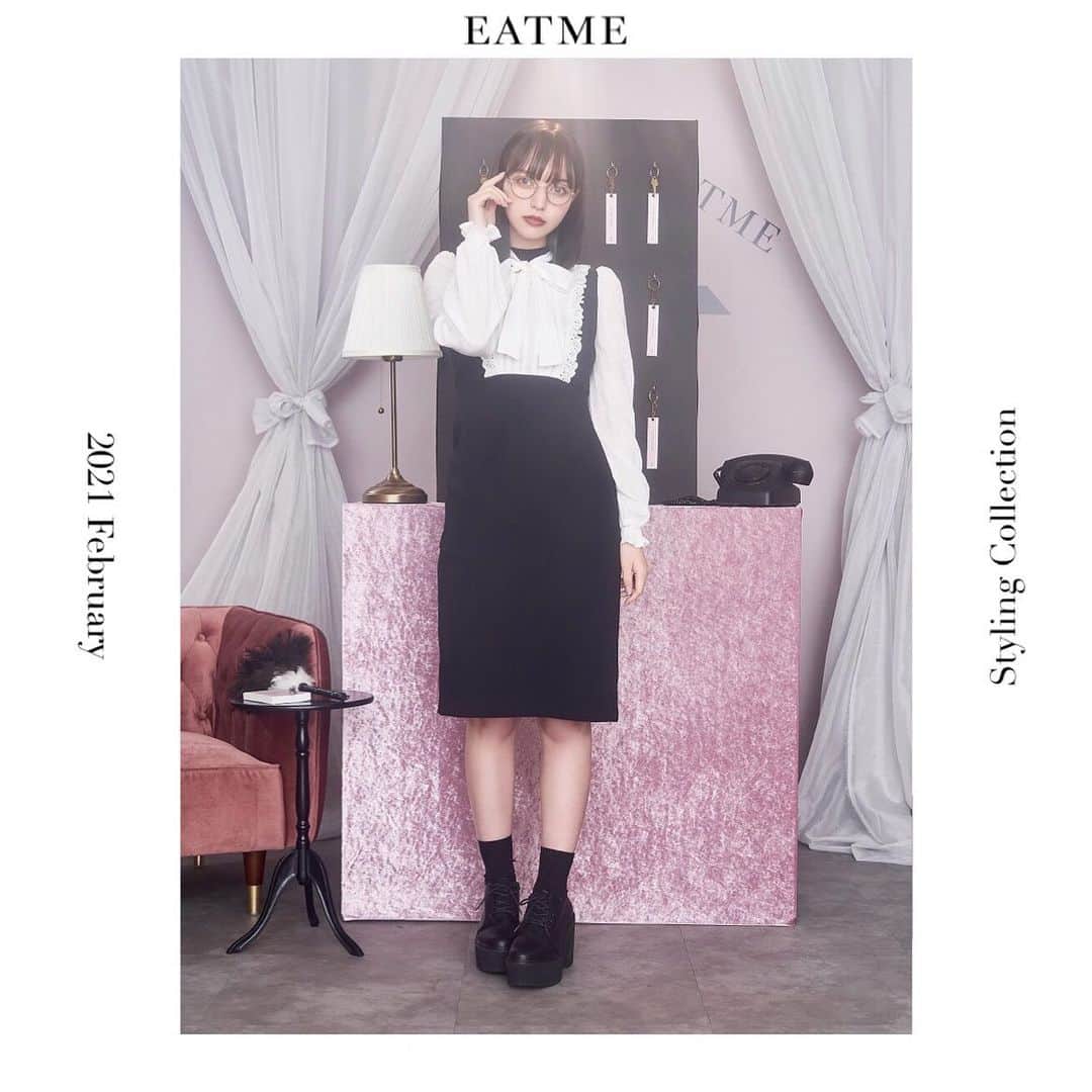 EATMEのインスタグラム：「1.29 update… #EATME #FEBRUARY  #LOOK #COLLECTION  #hospitalityresort  @raimu0726_official  🚺:161cm . TOP画面のURLからEATME WEB  STOREをCHECK▶︎▶︎▶︎ @eatme_japan . 🌹ラッフルボウタイレイヤードワンピース ¥13,000(＋tax) BLK.PNK.MIX ☑︎S/M ※2月発売予定 . 🌹クリアレンズサングラス ¥2,500(＋tax) BLK.SLV ※2月発売予定 . 🌹シースルーレースアップシューズ ¥13,000(＋tax) BLK.CRM.PNK ☑︎S/M/L ※2.2発売予定 . #EATME_COLLECTION #EATME #eatmejapan #イートミー」