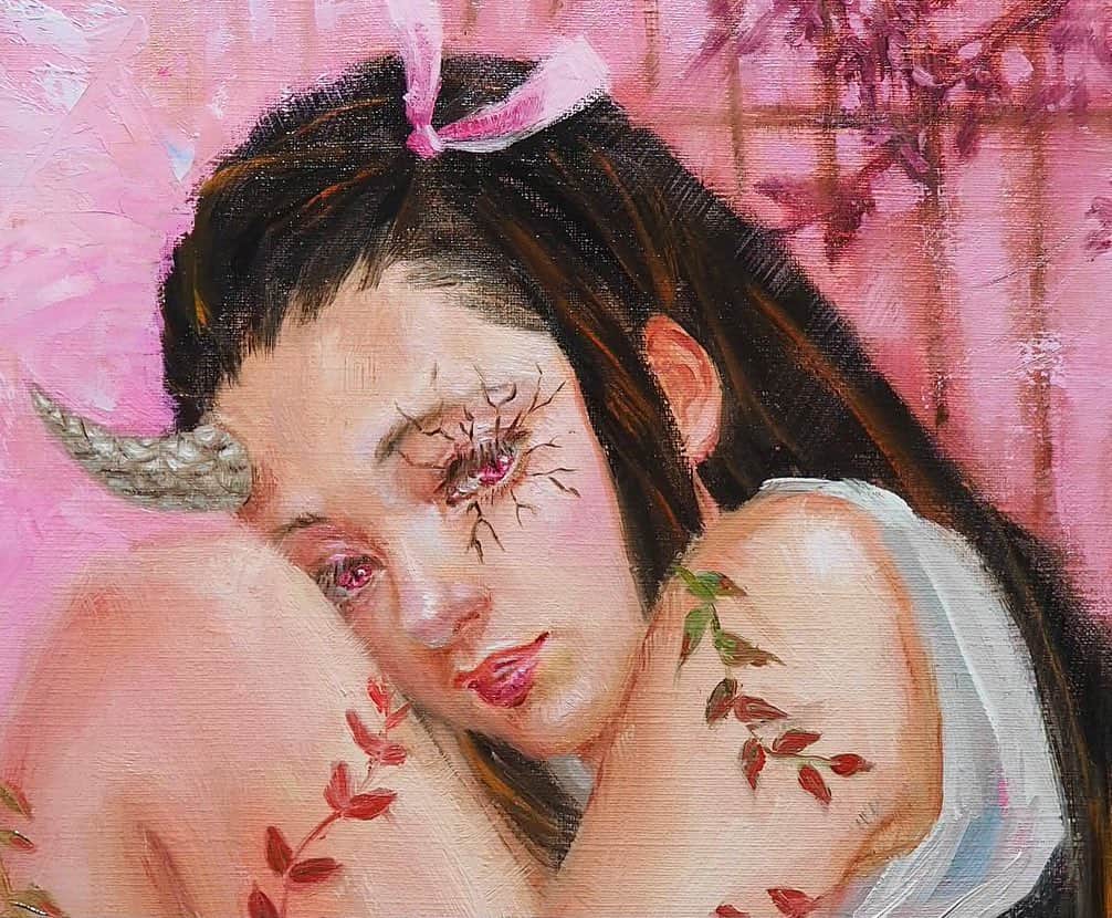 古賀陽子のインスタグラム：「もうすぐ#節分 なので、一番鬼化した時の#禰豆子 を描いてみました👹  #禰豆子が可愛い #禰豆子推し #禰豆子イラスト  #鬼滅の刃 #鬼滅 #demonslayer #鬼滅之刃  #Nezuko #祢豆子 #ねずこ  #油絵 #oilpainting #artwork #作品  #画家 #アート #アーティスト #美術館 #油絵 #美人画 #ギャラリー #exhibition #exhibit #art #instaart #instaartist #artist #artwork #gallery #painting」
