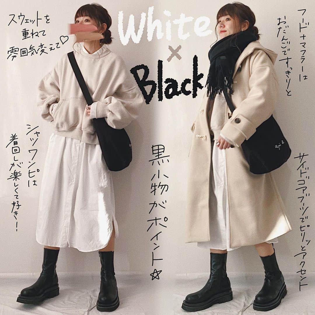 かほこ。のインスタグラム：「ㅤㅤㅤㅤㅤㅤㅤㅤㅤㅤㅤㅤㅤ ㅤㅤㅤㅤㅤㅤㅤㅤㅤㅤㅤㅤㅤ outer & shirt & boots : #kaleno tops : #dholic muffler : #didizizi bag : #agnesb ㅤㅤㅤㅤㅤㅤㅤㅤㅤㅤㅤㅤㅤ シャツワンピに今回はスウェットを重ねました。ダッフルもアイボリーを合わせて、黒小物で。 ㅤㅤㅤㅤㅤㅤㅤㅤㅤㅤㅤㅤㅤ スニーカーを合わせるのもカジュアルで好きだけど、サイドゴアブーツを合わせてみました♥ ㅤㅤㅤㅤㅤㅤㅤㅤㅤㅤㅤㅤㅤ ヒートテックも着てたから暑いくらいだったけど、この日は雪だった（らしい）（会社いたから分かんなかった）しちょうど良かったです🙆🏻‍♀️ ㅤㅤㅤㅤㅤㅤㅤㅤㅤㅤㅤㅤㅤ #kaho_fashion #ダッフルコート #シャツワンピース #スウェット #ショルダーバッグ #サイドゴアブーツ #モノトーン #fudge #cluel」