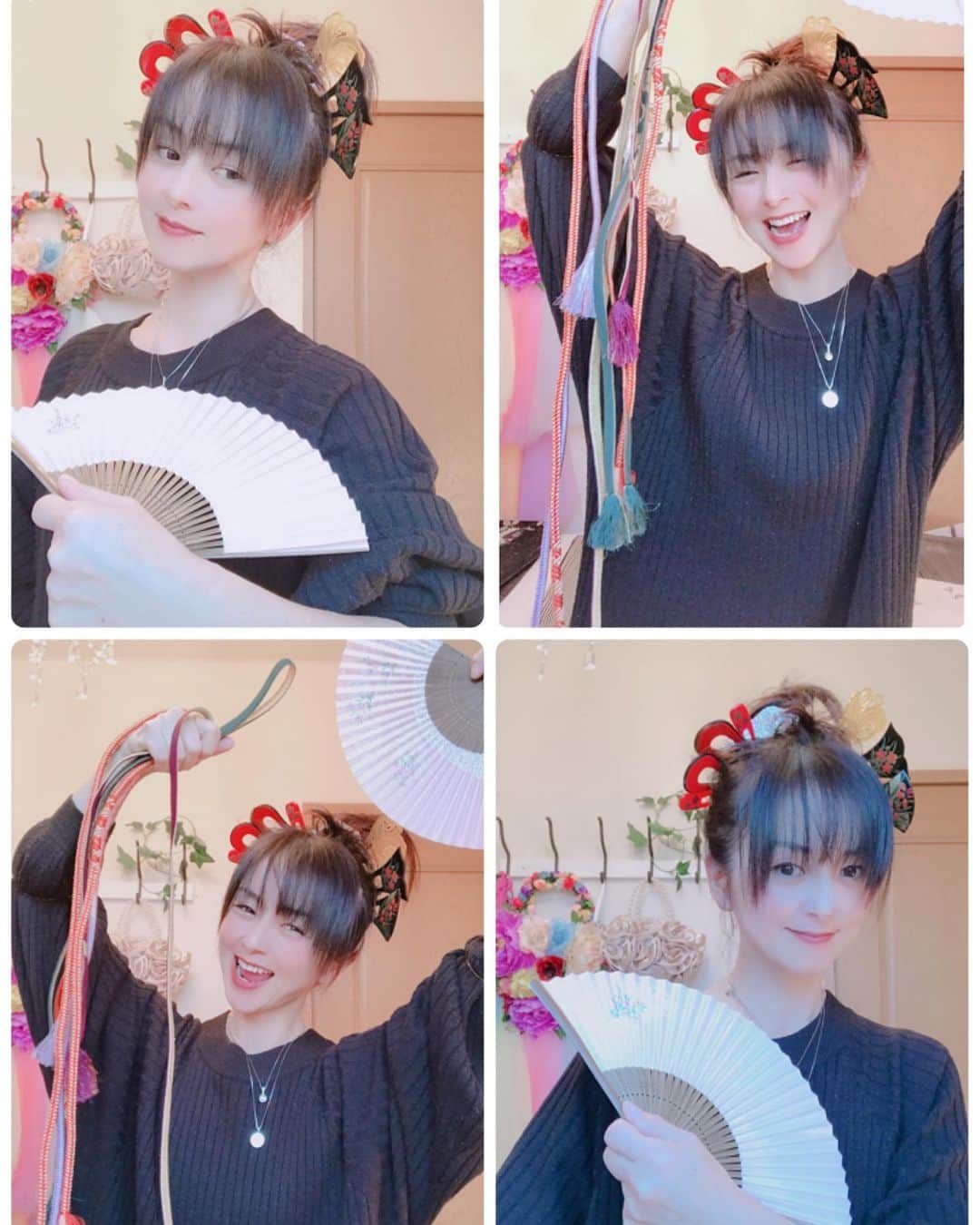 櫻井智さんのインスタグラム写真 - (櫻井智Instagram)「着物が👘 着たいな〜と思い 桐ダンスを開け始めたら 楽しくなってしまった😄🎀 着物にかんざしに帯締めに帯留めなどなど 引っ張りだしては、 あわせたり かんざし全部頭にさして遊んだり😂笑笑 ちょっと花魁なりきりのつもりで😂笑笑 こんな頭ありえません😅 でも、私は「吉原炎上」の名取裕子さんの花魁姿が大好きで、 いつか花魁写真を撮ってみたいと思っていたら、 こんなに月日が流れてしまった😂 でもまだ諦めていませんよ😂笑  なかなか着る機会が少ない着物ですが、 大人になったら（笑笑） 着物を着て生活してみたい😁 習って覚えた着付けも 着ないと忘れます😅 そのうち、また着付けを習おうと思っています😊  今日は、黒系の着物を引っ張り出しましたが 明日は、違う色の着物を引っ張り出して、 楽しくなりたいと思います👘笑笑  舞えよ舞え〜🦋🦋🦋」1月29日 21時30分 - sakuraitomo910_