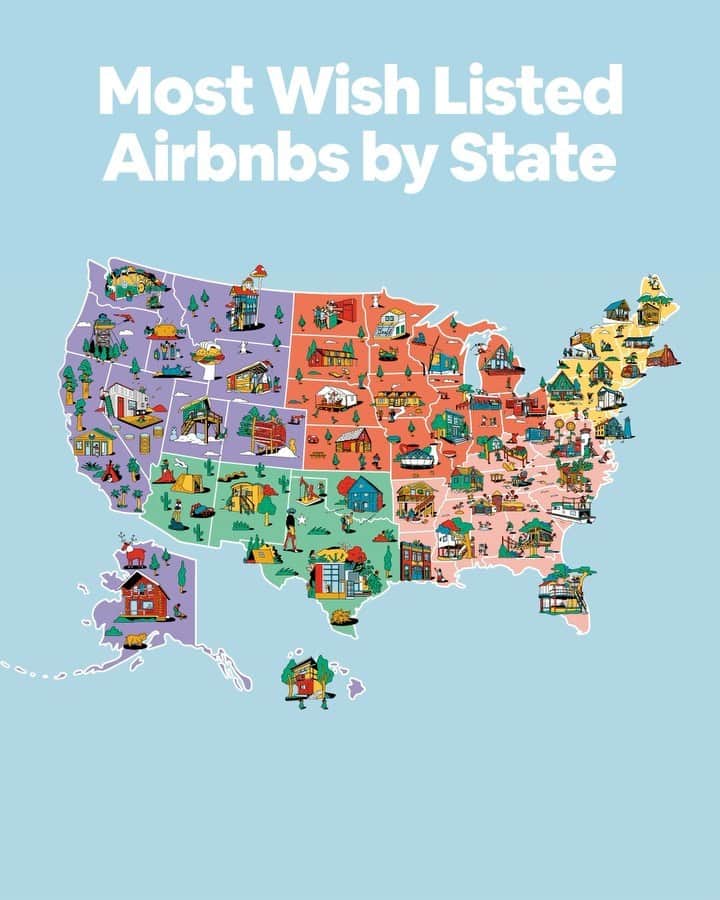 Airbnbのインスタグラム：「An earth house in New Mexico, a potato in Idaho. What’s the most wish listed unique Airbnb in each U.S. state?   Over the next few weeks, we’ll be exploring some of the most wish listed homes and most booked Online Experiences across every region of the United States. We’re starting with the Southwest, where the proverbial deer and antelope play, and where you can play too ... or at least dream about it, for now. Illustrations by @elenaxausa  Link in bio for the full list.」