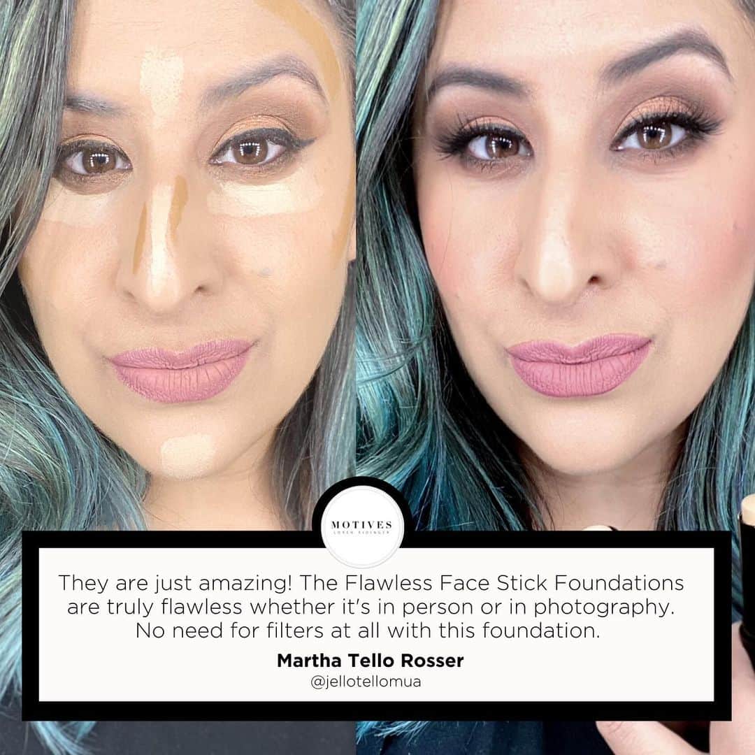 Motives Cosmeticsのインスタグラム：「Look great IRL and through zoom with our Flawless Face Stick Foundations! Tap the image to access our shade finder quiz to get your flawless match today. 🖤  #foundationsticks #stickfoundation #creamfoundation #foundationmakeup #foundationroutine #motivescosmetics」