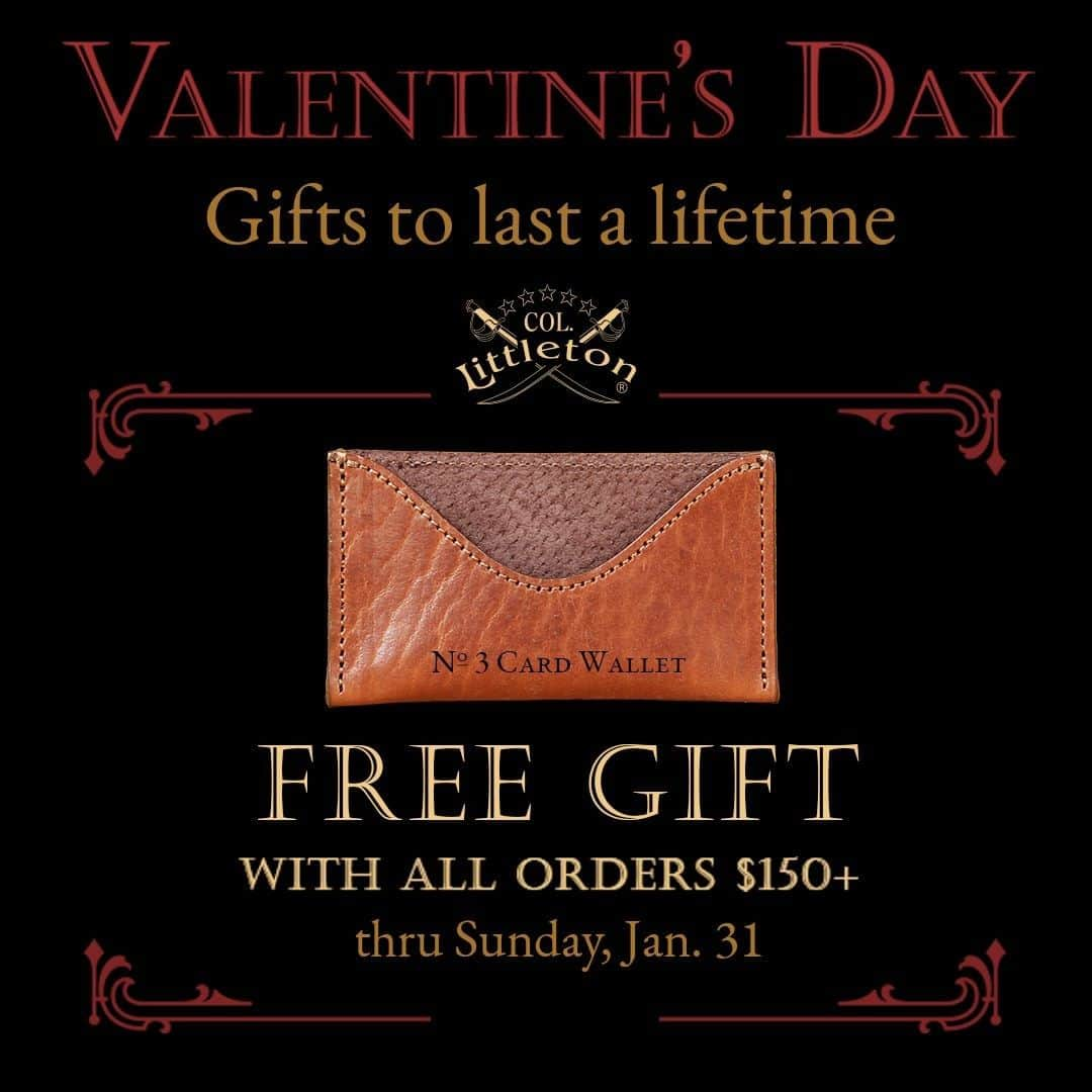 カーネルリトルトンのインスタグラム：「THIS WEEKEND ONLY . . . FREE GIFT with all orders $150+ NOW thru midnight Sunday! SHOP NOW link in bio.  Celebrate a life full of love this Valentine’s Day with gifts that will last a lifetime!  No promo code needed.   #FREE #GiftWithPurchase #Valentine #ValentineGifts #Vday #GiftsForHim #GiftsForHer #AmericanMade #MadeInAmerica #Leather #Leathergoods #Handmade #Handcrafted #MyColStyle #ColLittleton #ColonelLittleton #Tennessee #MadeInUSA」