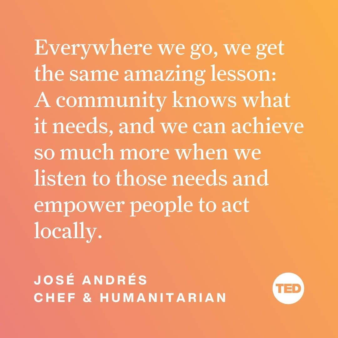 TED Talksのインスタグラム：「After Hurricane Maria devastated Puerto Rico in 2017, a team from World Central Kitchen (@wckitchen) — a US-based nonprofit founded by chef José Andrés — served 4 million meals to island residents. The mission of World Central Kitchen (WCK) is simple: To feed people after disaster strikes. In the past year, WCK has faced its biggest challenges, including multiple hurricanes and wildfires and the COVID-19 pandemic. Visit the link in our bio to learn how WCK managed to be on the ground in 16 countries on 5 continents. ⁠ ⁠ PS: To hear more from @ChefJoseAndres, visit our IGTV channel to watch his recent convo with @PadmaLakshmi about food insecurity and how we can help bring food to people in crises.」