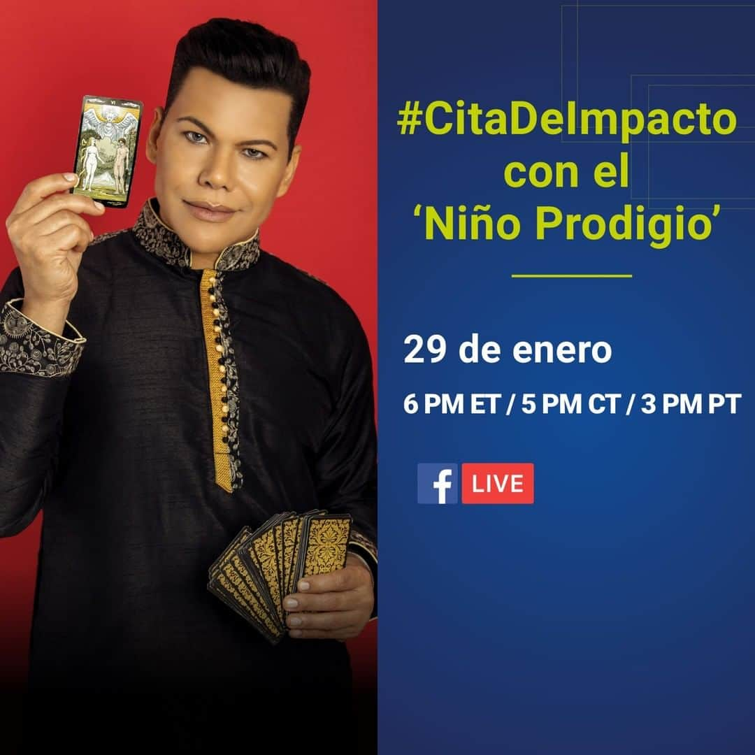 Primer Impactoさんのインスタグラム写真 - (Primer ImpactoInstagram)「Este viernes tuvimos un #FacebookLive con @ninoprodigio: nos contó sobre su vida y leyó las cartas para varios de nuestros usuarios en redes sociales.  El próximo lunes volveremos a las 5pm/4c en #PrimerImpacto con el segmento de nuestro astrólogo.  Luego tendremos un Facebook Live con todos ustedes. ¿Qué quieres preguntarla a 'El Niño Prodigio'? Envía tu nombre completo, fecha de nacimiento y una pregunta concreta.  ¡No te lo pierdas!」1月30日 1時44分 - primerimpacto