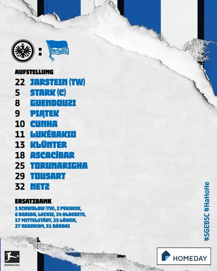 ヘルタ・ベルリンのインスタグラム：「Unsere 1️⃣1️⃣ für das Duell mit den 🦅🦅!  . . #SGEBSC #HaHoHe #herthabsc」