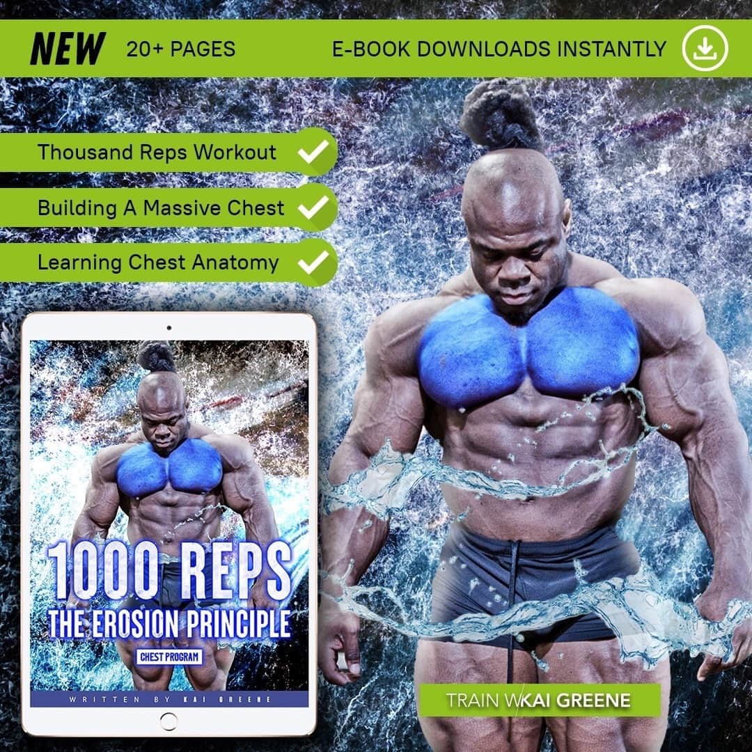 カイ・グリーンのインスタグラム：「CAN YOU POWER THROUGH❓  1000 repetitions. One workout. The erosion principle is not for the faint of heart. Hypertrophy is the destination, and you will need to dig deep in order to endure this expedition.  15 Pages of 🔹Anatomy 🔹Steps to Perfect Form 🔹Full Workout 🔹EXTREME CHEST GROWTH  LET’S GET IT DONE  Link in bio 💯」