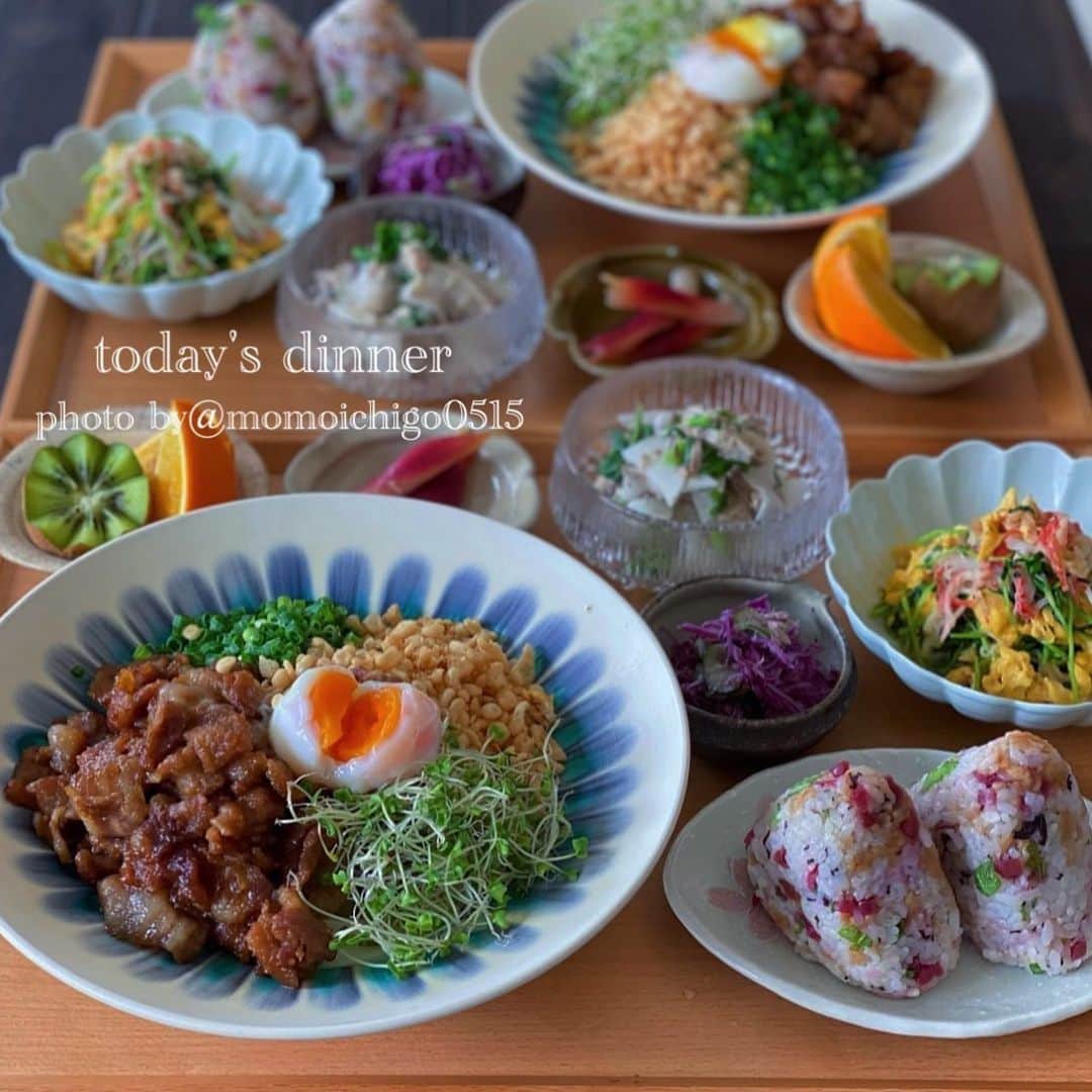 YASUKO TAKESUEのインスタグラム：「. 今日のご飯😊🌟 . 🌟甘辛豚バラ肉炒め乗っけうどん. 🌟カリカリ梅と天かすおにぎり. 🌟豆苗とカニカマの卵炒め 🌟カブと鯖缶のサラダ 🌟みょうが甘酢 🌟フルーツ . .  #晩ご飯#晩ごはん#夜ごはん#夕食#おうちごはん#おうちごはんlover#おうちご飯記録#うちごはん#食卓#手料理#手作りご飯#料理写真#器好き#器#器集め#献立#家庭料理#岩崎龍二#奥田章#food #foodstagram #foodphotography #foodpic #followｍe #instagood」