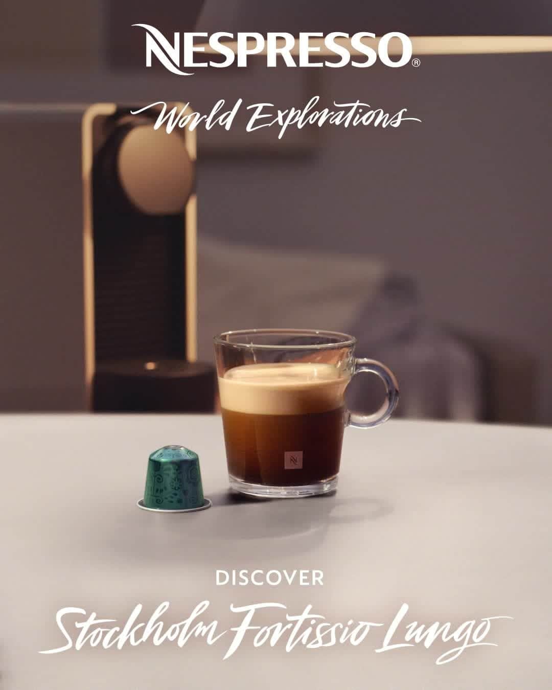のインスタグラム：「A rich, malty, Arabica coffee, inspired by the coffee culture of Stockholm. Best enjoyed with a couple of cinnamon rolls.  #Nespresso #NespressoWorldExplorations #WorldExplorations #StockholmFortissioLungo」