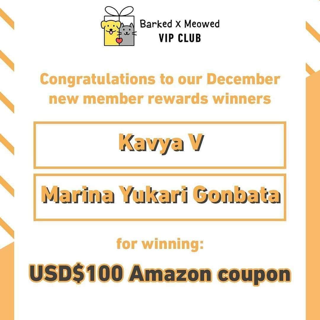 Aww Clubさんのインスタグラム写真 - (Aww ClubInstagram)「Congratulations to Kavya V and Marina Yukari Gonbata for winning the Barked X Meowed VIP Club December new member rewards - USD$100 Amazon coupon! Thank you Lucia Marquez for referring the most new members in December and you win a USD$100 Amazon coupon too!  Tap the link in bio and join the “Barked X Meowed VIP Club now"  Monthly rewards are waiting for you and you might be the next one to win USD$100!  Refer your friends to join for a chance to win an extra $100 Amazon Gift Card!  #meowed @barked #barkedmeowedvipclub #membership #vipclub」1月30日 23時49分 - meowed