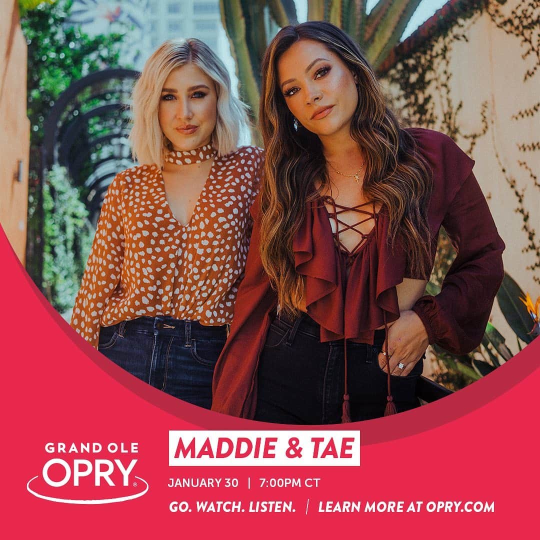 Maddie & Taeのインスタグラム：「Tonight... we get to play the Grand Ole @Opry!! Still gives us butterflies saying that. Hoping you'll tune in LIVE on Facebook and YouTube. Visit Opry.com for more info! 😍」