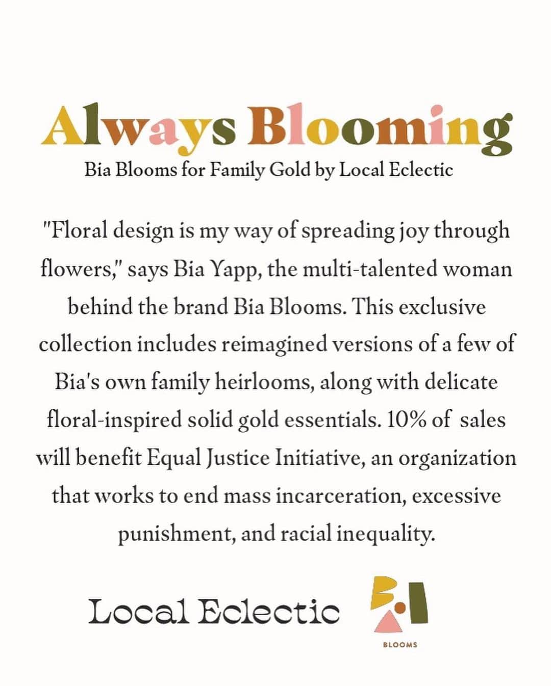 Grace Bonneyさんのインスタグラム写真 - (Grace BonneyInstagram)「Hi! I’m @biablooms • I’m back to bring more flowers to your timeline, taking over @designsponge today. 🌷 My name is Bia, and my biz @BiaBlooms is a Black woman-owned floral boutique, based in LA. I design florals and NOW also jewelry!?! Swipe to see photos of my first collection released yesterday with @localeclectic!! Just in time for Gal/Pal/Valentine’s Day ✨ Inspired by florals and a few of my own family heirlooms, the jewelry is solid gold with beautiful gemstones. See and shop via biablooms.com/gold. 💞  SO. Lil Backstory! The diamond & opal necklace in this collection is a reimagined version of the opal necklace my sweet grandmother gifted to me on my wedding day. She couldn’t be there in person to see me walk down the aisle, but I got to have her with me, near my heart via her necklace. It is one my most prized possessions. And I’m so happy to see it reimagined via this jewelry capsule collection! Lots of other beautiful delicate pieces too!  🌿 10% of each sale from the collection will benefit the Equal Justice Initiative (@eji_org) and their work to end mass incarceration, excessive punishment and racial injustice.」1月31日 1時23分 - designsponge