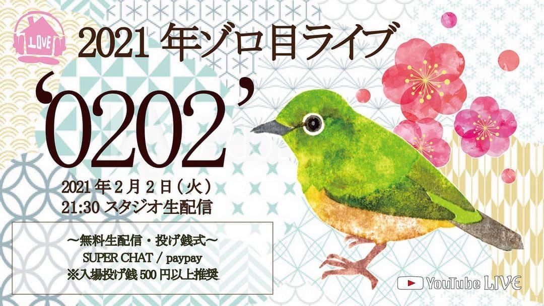 LOVEのインスタグラム：「季節感、大事👍 2月が目の前🌸🐦  2/2 ゾロ目の日のライブ、21:30からになりました。 火曜の夜に会いましょう🎸🎤  月1のこの生配信ライブ。 変わらず続けようと思います。  KJSに関わらず、クリエイティブチーム、エンジニアさん、 毎月極力ミニマムに、それでいて豊かな環境をありがとう！ 音がいい、ほんとにありがたいことです。  全国から豆でもつまみながらご覧くださいね📺  #ゾロ目の日ライブ」