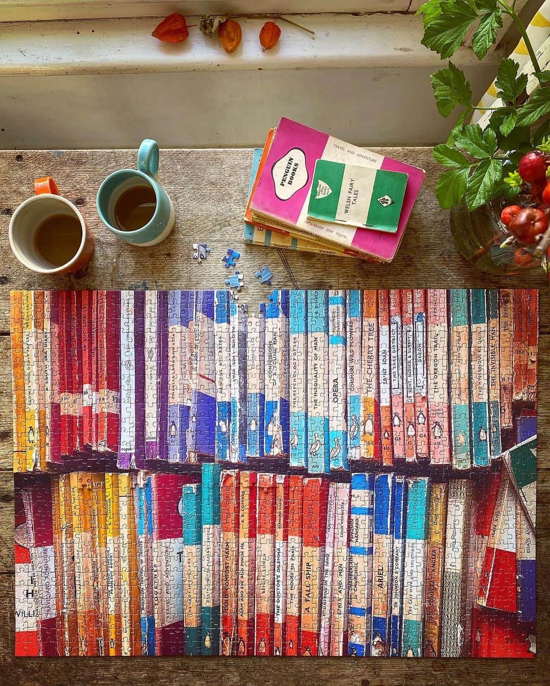 Tea and sittingのインスタグラム：「🧩📚💫So...this my new ‘Vintage Books Collection’ 1000 piece jigsaw puzzle which is now available to Pre Order in my shop ( I’ll be able to ship them out in about 3 weeks time as they’re currently being printed and boxed )... I’m completely obsessed with puzzles at the moment and after all your amazing support with my ‘Colourful Cotton Reels’ jigsaw which sold out SO quickly, I’ve decided to try to create an original, limited edition jigsaw each month! ( A printing of only 50 each time ) ** If you’d like this one, There’s a Direct Link in my bio to my online shop and also through the Swipe Up link in my Stories **  🧩 UPDATE: this Limited Edition is now Sold Out but there will be a new one available in March 🧩  #jigsaw #jigsaws #jigsawlover #puzzlesofinstagram #jigsawsofinstagram #puzzlelover #puzzlefever #lockdownjigsaws #5ftinfjigsaws」