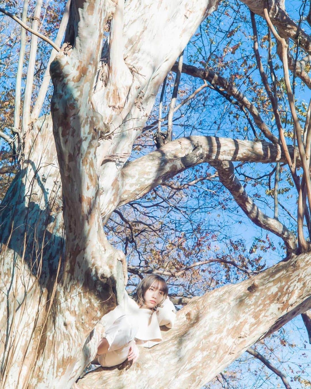 MIMORIのインスタグラム：「スナフキン〜！笑  #作品撮り #shooting #photography #tokyo #forest #park #japan #japanese #japanesegirl #girl #model #winter #white #whitecode #naturalmakeup #mediumhair #blue #filter  #撮影#モデル#作品#ナチュラルメイク#ミディアムヘア#白#ホワイトコーデ」