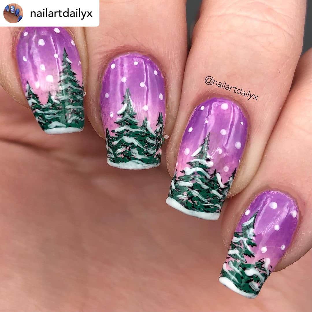 Nail Designsさんのインスタグラム写真 - (Nail DesignsInstagram)「Credit • @nailartdailyx SNOW TREES 🌲❄️  Hi everyone! Today’s prompt for the #glamnailschallengejan was Snow Trees. I made this purple-pink sky gradient and stamped on these green trees, from a stamping plate from @bornprettystore (Product ID#48708). I painted the snow on by myself. I hope you and Bianka, who organizes the @glamnailschallenge , like it!   #nail #nailartinspiration #winternailart #snowdropnails #nailartinspo #snowflakenails #nailart #nailsofinstagram #nailsonfleek #nailsoftheday #nailartist #nailartstamping #nailartoftheday #nailartofinstagram #snowtree #snowtreenails」1月31日 10時10分 - nailartfeature