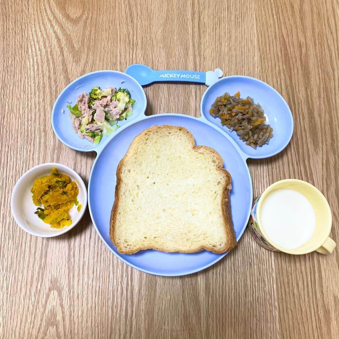 のインスタグラム：「ホームベーカリーで焼きたてのパンってなんでこんなに美味しいんだろ🤤 きっかけは、妊娠糖尿病になってブランパンを食べるために買ったけど(ブランパン買うと高い)買って良かった家電ナンバーワンかも🍞 耳は牛乳に浸して食べています👶🥛  #離乳食完了期 #離乳食 #朝ごはん  #きんぴらごぼう #ツナマヨブロッコリー #かぼちゃ #食パン」