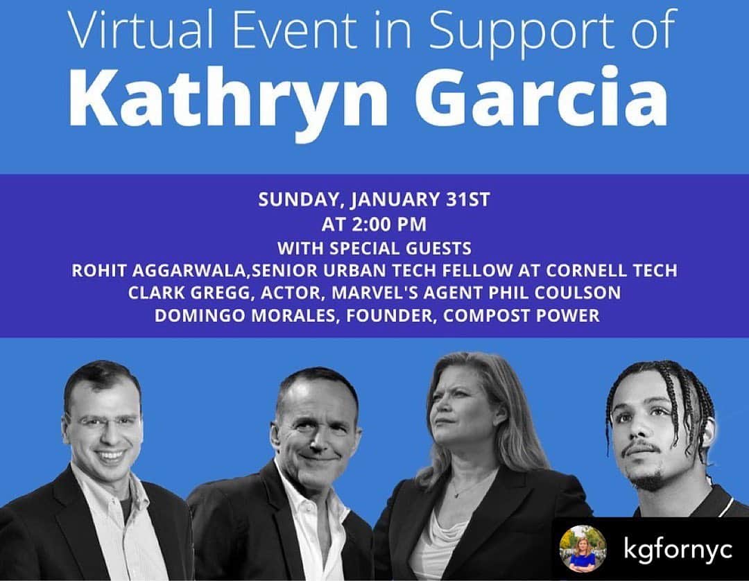 クラーク・グレッグのインスタグラム：「Join us today 2pm eastern, 11am pacific  for a special event in support of my amazing cousin, NYC mayoral candidate @kgfornyc featuring Rohit Aggarwala of Cornell Tech & Domingo Morales of Compost Power🔋♻️🍃⁠⁠ and ME 💪🙏🔥  ⁠⁠ Buy your 🎟️ right now at the 🔗link in my bio🔗⁠⁠ ⁠⁠ See you there!⁠⁠ ⁠⁠」