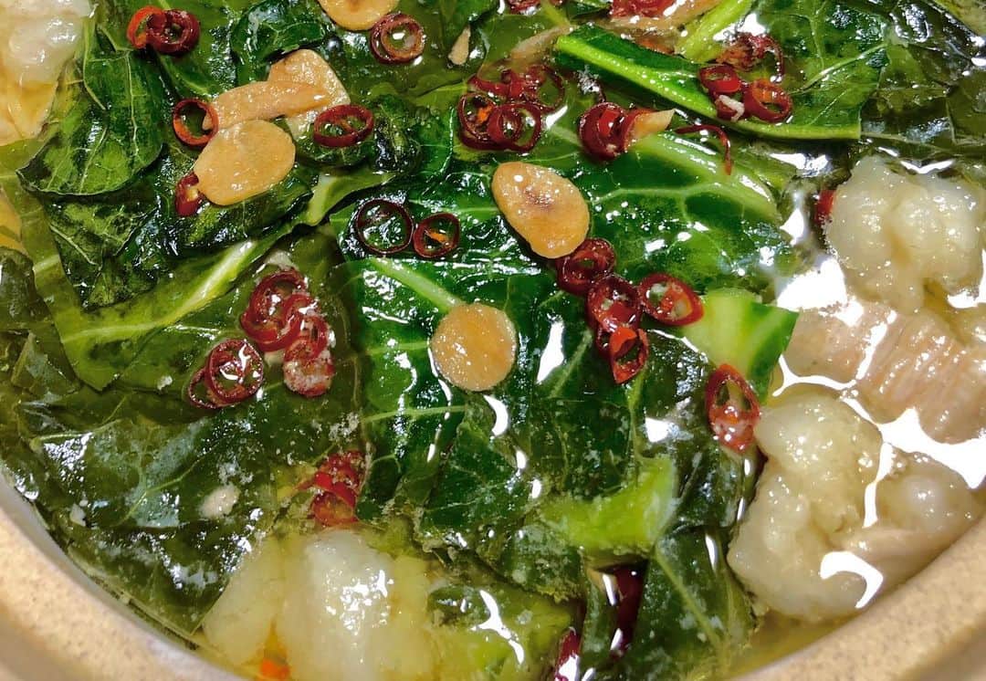トリイクニコのインスタグラム：「モツ鍋お取り寄せ🍲 @yakiniku_nikudarake   もつ解凍してスープと水をいれるだけ👌👌 わたし野菜あんまり好きじゃないんだけど ケール好きだわ〜🥬🥬🥬  ケールはここの👉 @veggiefarm_tokyo   にくだらけの焼肉お取り寄せもいいお値段するけど ホンっトに美味しいからオススメ♡ お友達の誕生日に送ったりしてる🙆‍♀️  #昨日食べたもつ鍋  #おうちでお店の味」