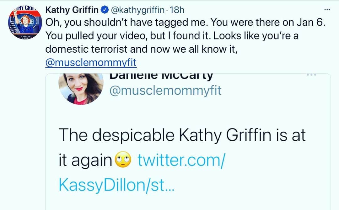 キャシー・グリフィンのインスタグラム：「This is @fit_patriot_mom She has quite the IG account.  She came after me on twitter, but I think the FBI may be paying her a visit b/c of her involvement as a domestic terrorist at the Capitol on Jan 6 🤷‍♀️🤷‍♀️🤷‍♀️」