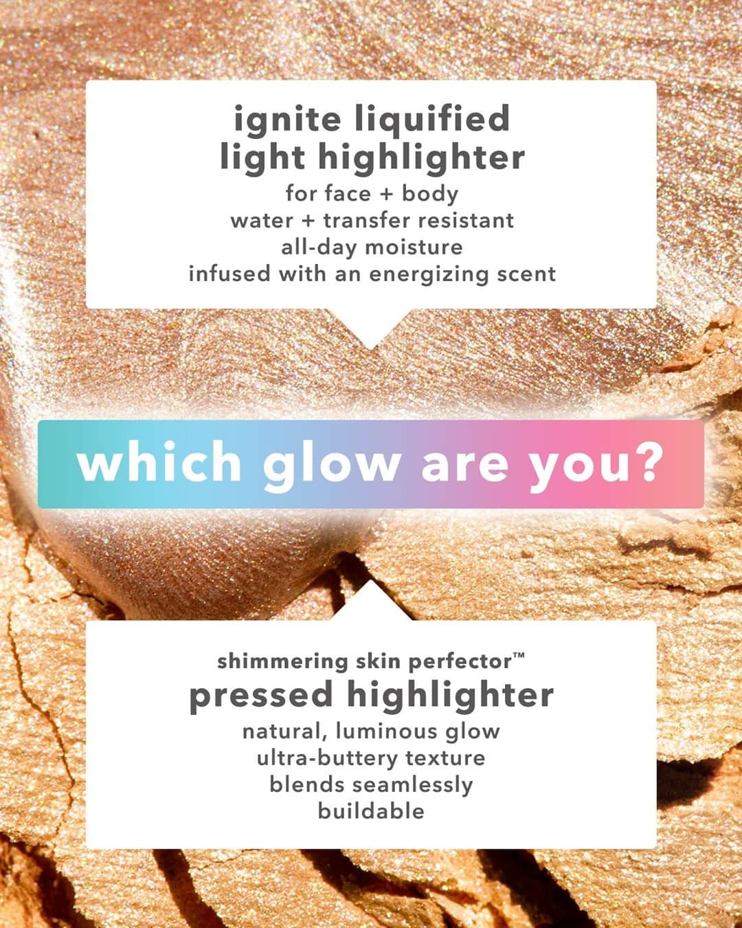 のインスタグラム：「2 award-winning formulas. Endless ways to glow. ✨ See what makes our Pressed Highlighter and Ignite Liquified Light Liquid Highlighter great on their own, and see how you can incorporate them into the same look. How do you wear them?」