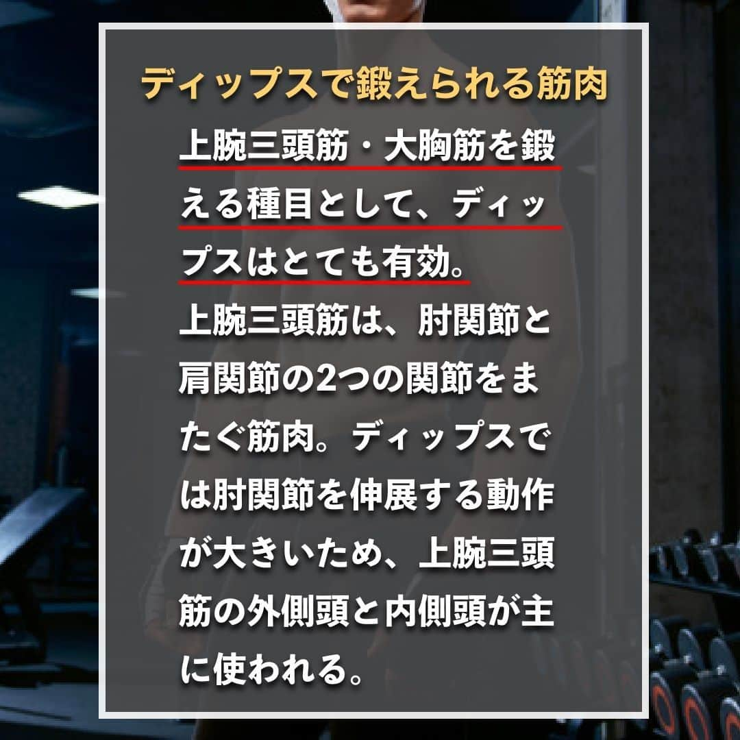 山本義徳さんのインスタグラム写真 - (山本義徳Instagram)「【胸や腕に強烈に効くディップス】  ディップスはフォームのコツを掴むまでが難しいため敬遠されがちだが、 正しく行うことができれば身体作りには必須の種目となる。 今回は、正しいディップスのフォームや効果について解説する。  是非参考になったと思いましたら、フォローいいね また投稿を見返せるように保存していただけたらと思います💪  #上腕三頭筋 #上腕三頭筋トレ #大胸筋 #大胸筋トレ #ディップス  #ディップススタンド #ディップスバー #筋トレ #筋トレ女子 #バルクアップ女子 #筋トレ初心者 #筋トレ男子 #ボディビル #筋肉女子 #筋トレ好きと繋がりたい #トレーニング好きと繋がりたい #筋トレ好き #トレーニング男子 #ボディビルダー #筋スタグラム #筋肉男子 #筋肉好き #筋肉つけたい #トレーニング大好き #トレーニング初心者 #筋肉トレーニング #エクササイズ女子 #山本義徳 #筋肉増量 #valx」1月31日 20時00分 - valx_kintoredaigaku