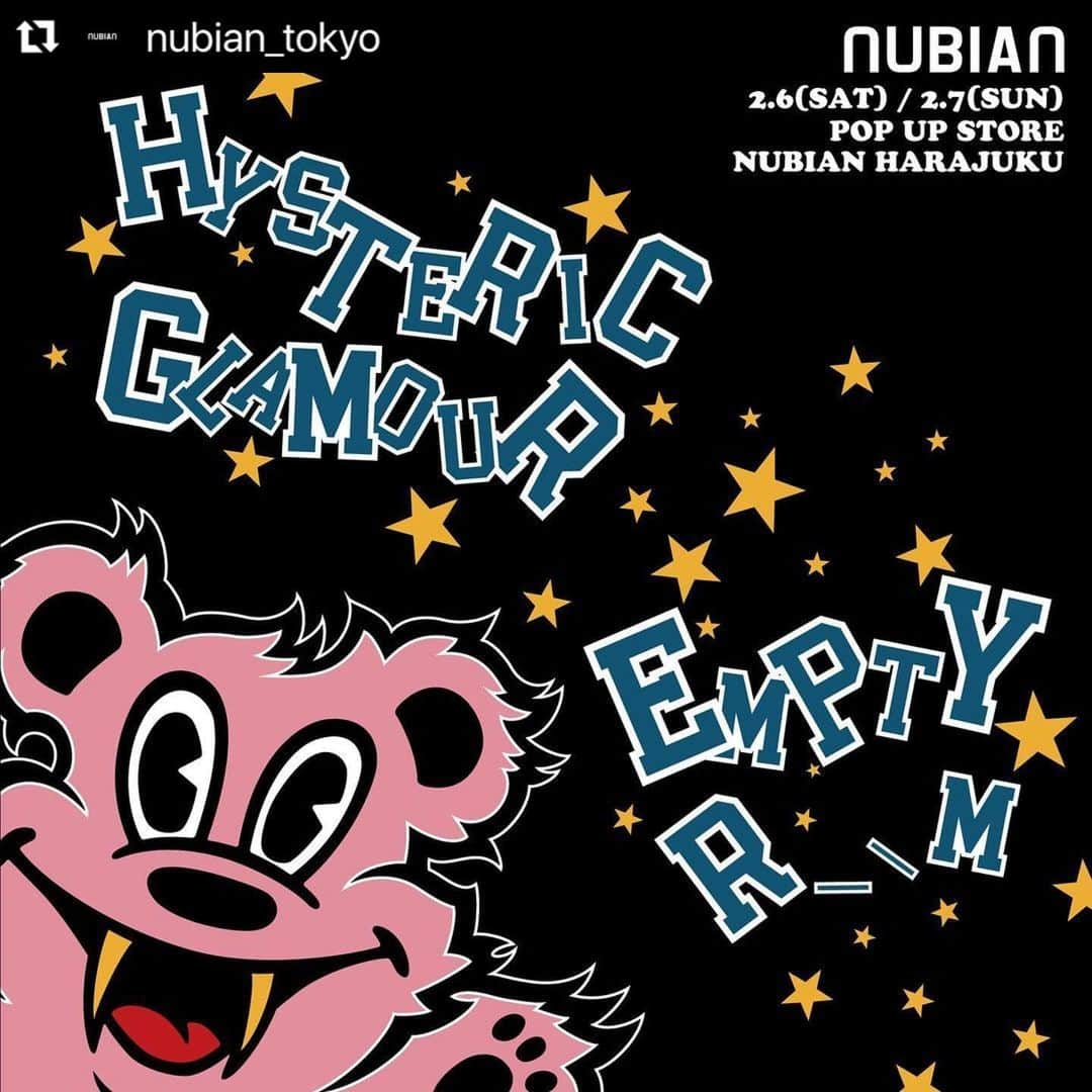 Hysteric Glamourさんのインスタグラム写真 - (Hysteric GlamourInstagram)「#Repost @nubian_tokyo with @make_repost ・・・ 2/6(Sat)〜2/7(Sun) 11:00〜 【Hysteric Glamour x EMPTY R _ _ M】  -POP UP STORE- in NUBIAN HARAJUKU.  #hystericglamour #emptyroom #nubiantokyo」1月31日 20時11分 - hystericglamour_official