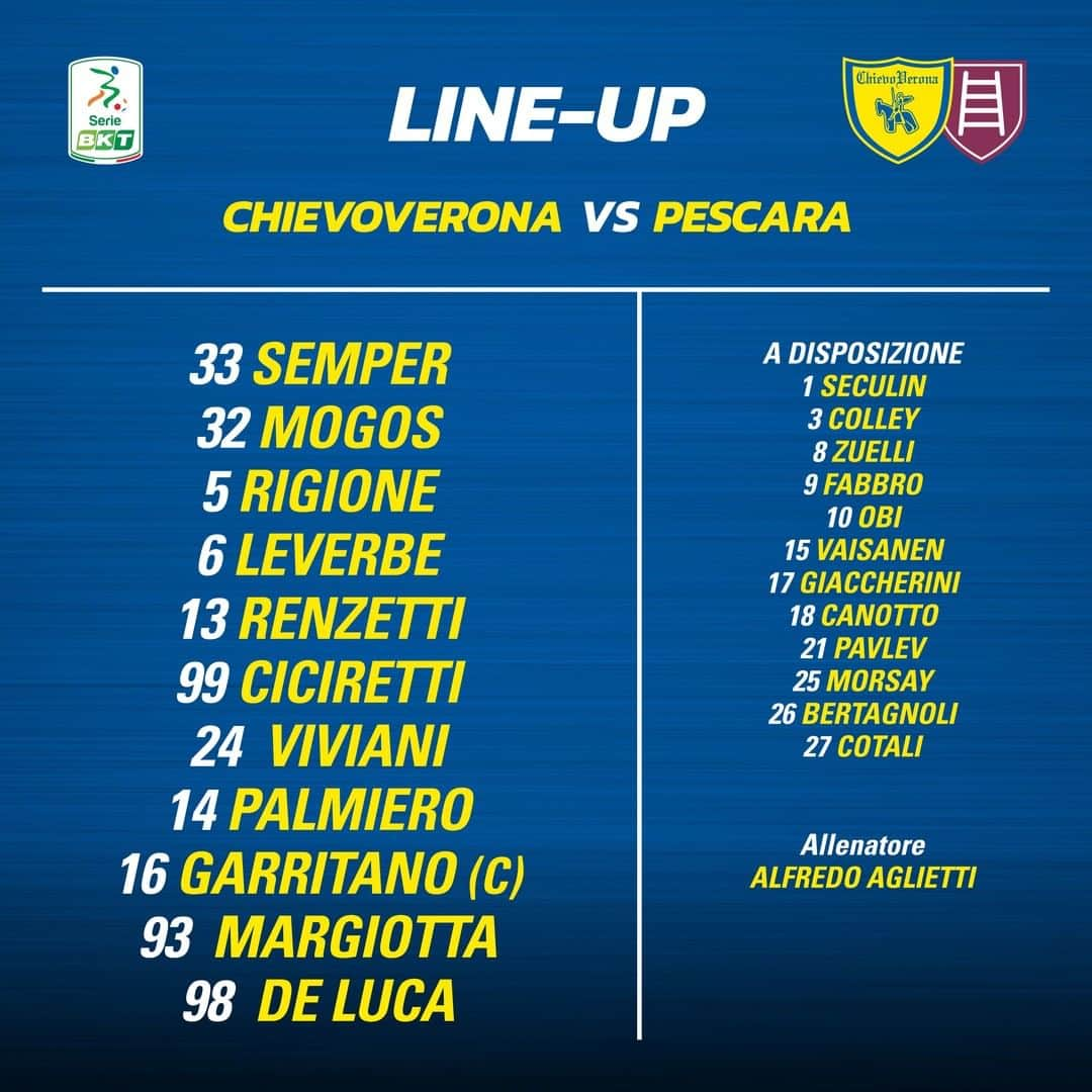 ACキエーヴォ・ヴェローナさんのインスタグラム写真 - (ACキエーヴォ・ヴェローナInstagram)「‼️💛💙 La nostra formazione per #ChievoPescara 💛💙‼️  #LineUp #Ilnostrofolleamor #ForzaChievoSempre #MatchDay #Chievo #ChievoVerona」1月31日 22時05分 - acchievoverona