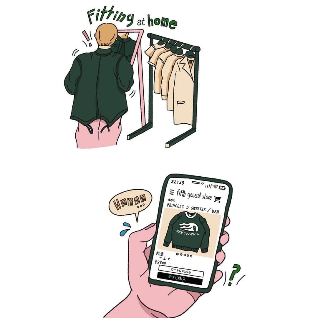 nanamyのインスタグラム：「【WORK】中目黒にある素敵なお店、@fifth_general_store_tokyo の返品無料キャンペーンのイラストを描かせていただきました👖fifthの素敵だなと思うところは、お洋服ももちろんなんだけど、セレクトされた洋書やzineの販売もされていて、新しい発見があるところ。この絵にも描いたタイのスーベニアブックショップ、'DEN'のマーチャンダイズがかわいくて私も検討中☁️本日までのキャンペーンが2/6まで延長されたとのことなので、ぜひ覗いてみてください🌞🌞 ・ Illustration for Fifth website free returning campaign. Thank you Akihirokun! ・ #fifthgeneralstore #fashion #drawing #illustration」