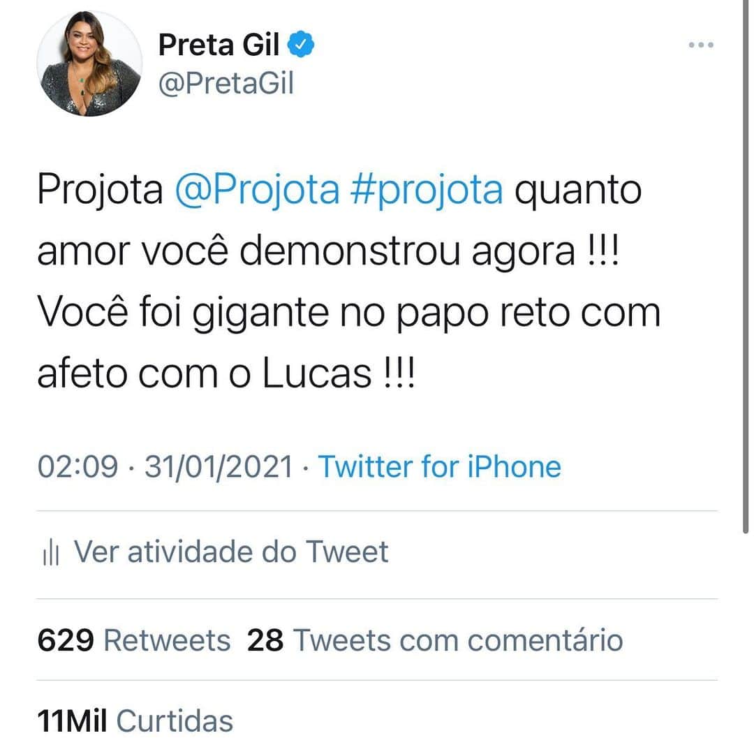 Preta Gilのインスタグラム：「Tava assistindo a conversa do @projota com Lucas na madrugada e me emocionei, nem sempre a solução é o cancelamento e sim o acolhimento!!! #bbb21 #redebbb」