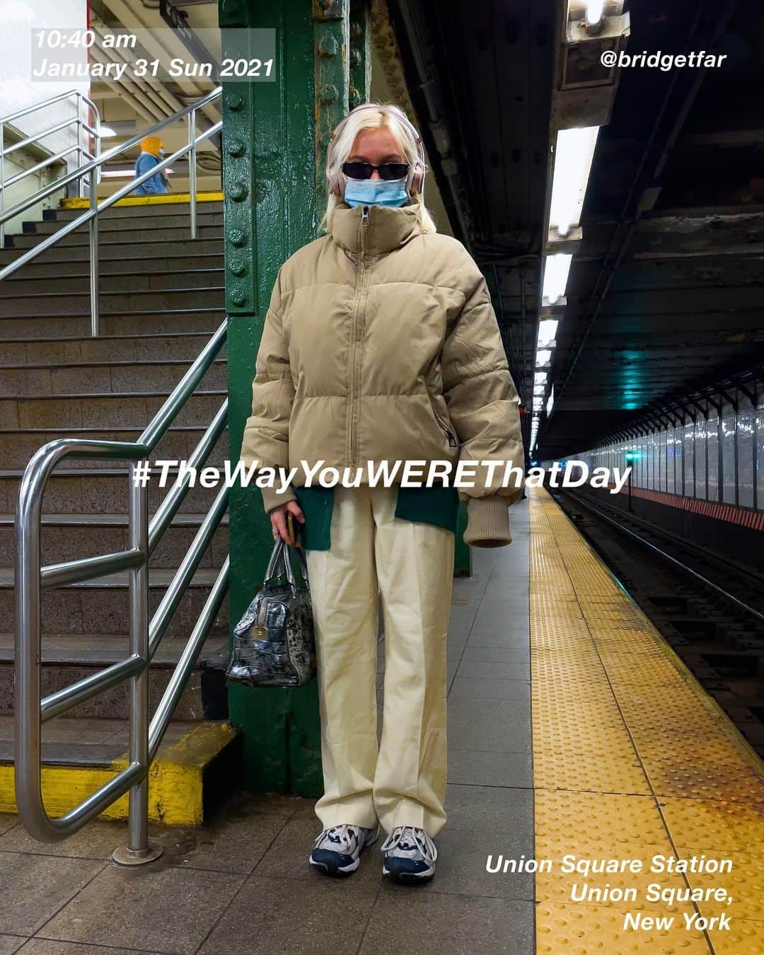 筒井心一のインスタグラム：「@bridgetfar in #UnionSquareStation at 10:40 am, January 31 Sunday 2021, #NewYork ﻿ #OutfitOfTheDay = #TheWayYouWEREThatDay  #TWYWTD #ShinichiTsutsui」