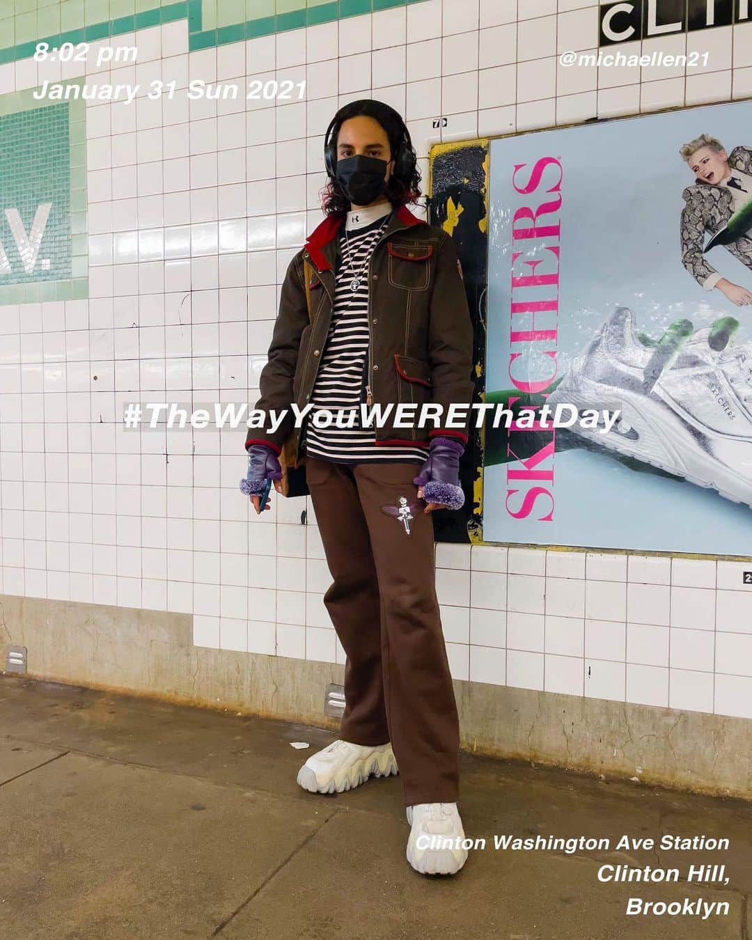筒井心一のインスタグラム：「@michaellen21 at #ClintonWashingtonAveStation at 8:02 pm, January 31 Sunday 2021, #NewYork ﻿ #OutfitOfTheDay = #TheWayYouWEREThatDay  #TWYWTD #ShinichiTsutsui」