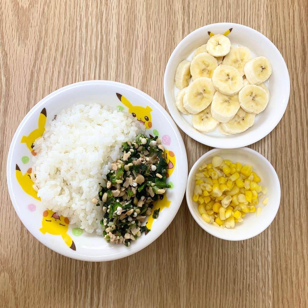 野口綾子のインスタグラム：「朝からモリモリ🍚👶 7ヶ月頃からほぼ毎日納豆を食べています。 冷凍ホウレンソウ、冷凍カットオクラ、かつおぶしと混ぜ混ぜ🐟🥬 お醤油をかけなくてもかつおぶしで味がしっかりつくのかモリモリ食べてくれます🤗 使わなかった納豆のタレは、大人用のほうれん草のおひたしに使っています🙋‍♀️ 納豆のタレって麺つゆ並みに万能ですよね✨  #離乳食完了期 #納豆ごはん #いなば食塩無添加コーン #バナナヨーグルト #ダノンビオ無糖 #子供のいる暮らし #赤ちゃんのいる生活 #1歳2ヶ月 #男の子ベビー #babyboy #男の子ママ #男の子ママと繋がりたい #ままのて」